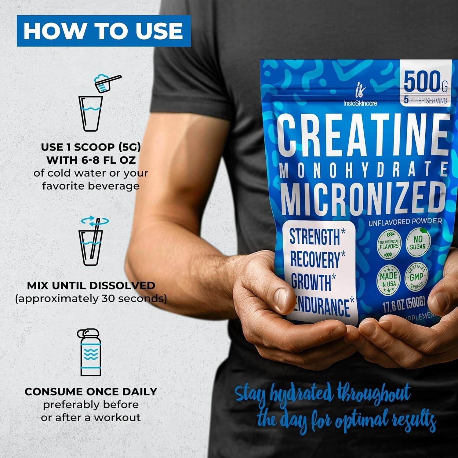 InstaSkincare Creatine Monohydrate Powder for Muscle Gain 1.1 LB