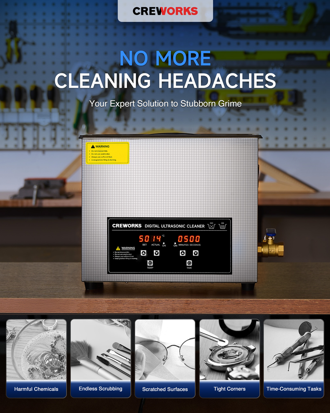 CREWORKS 6L Ultrasonic Cleaner Stainless Steel Industry Heated Heater w/Timer