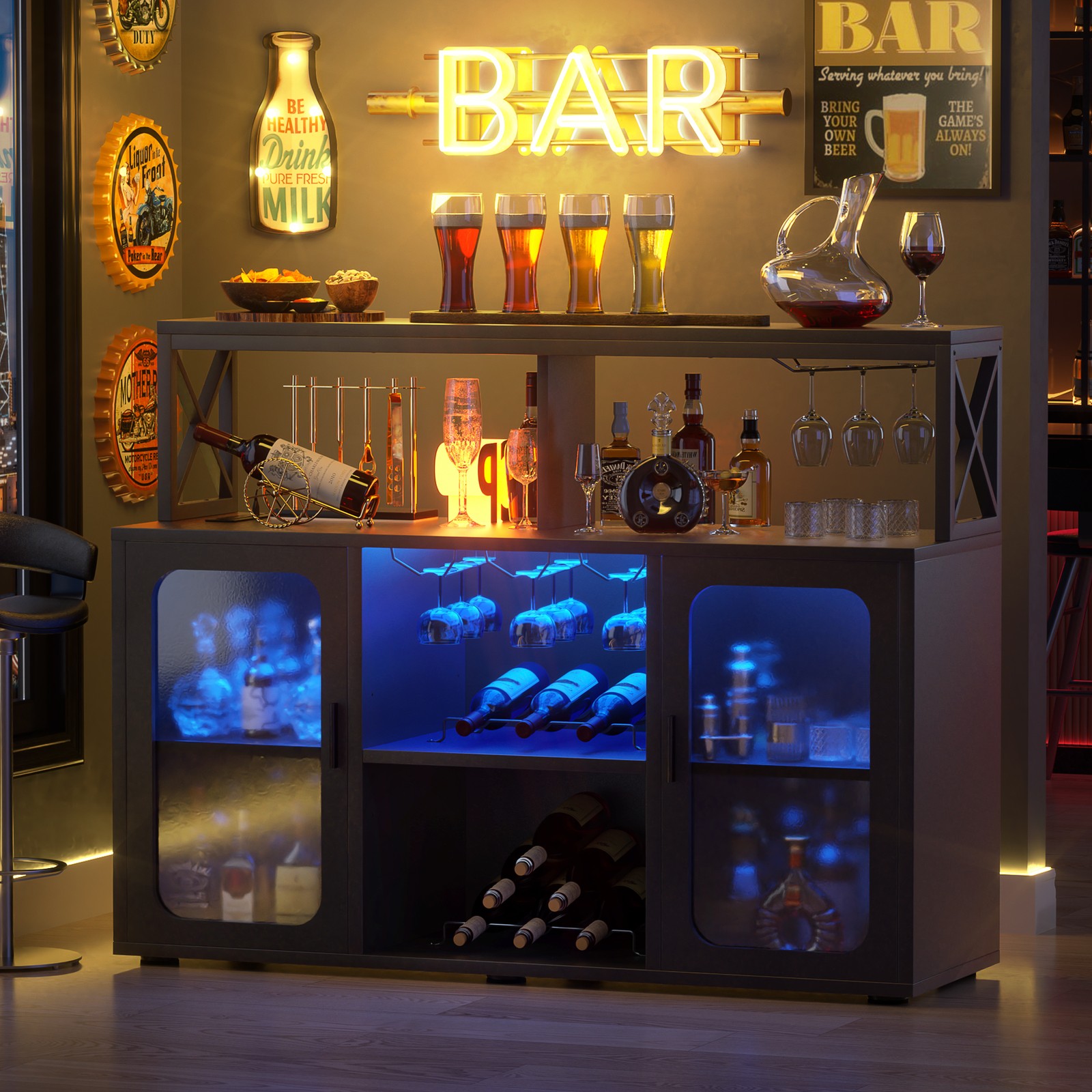 47" Wine Bar Cabinet Liquor Storage with LED Lights ＆Power Outlets ＆Glass Holder