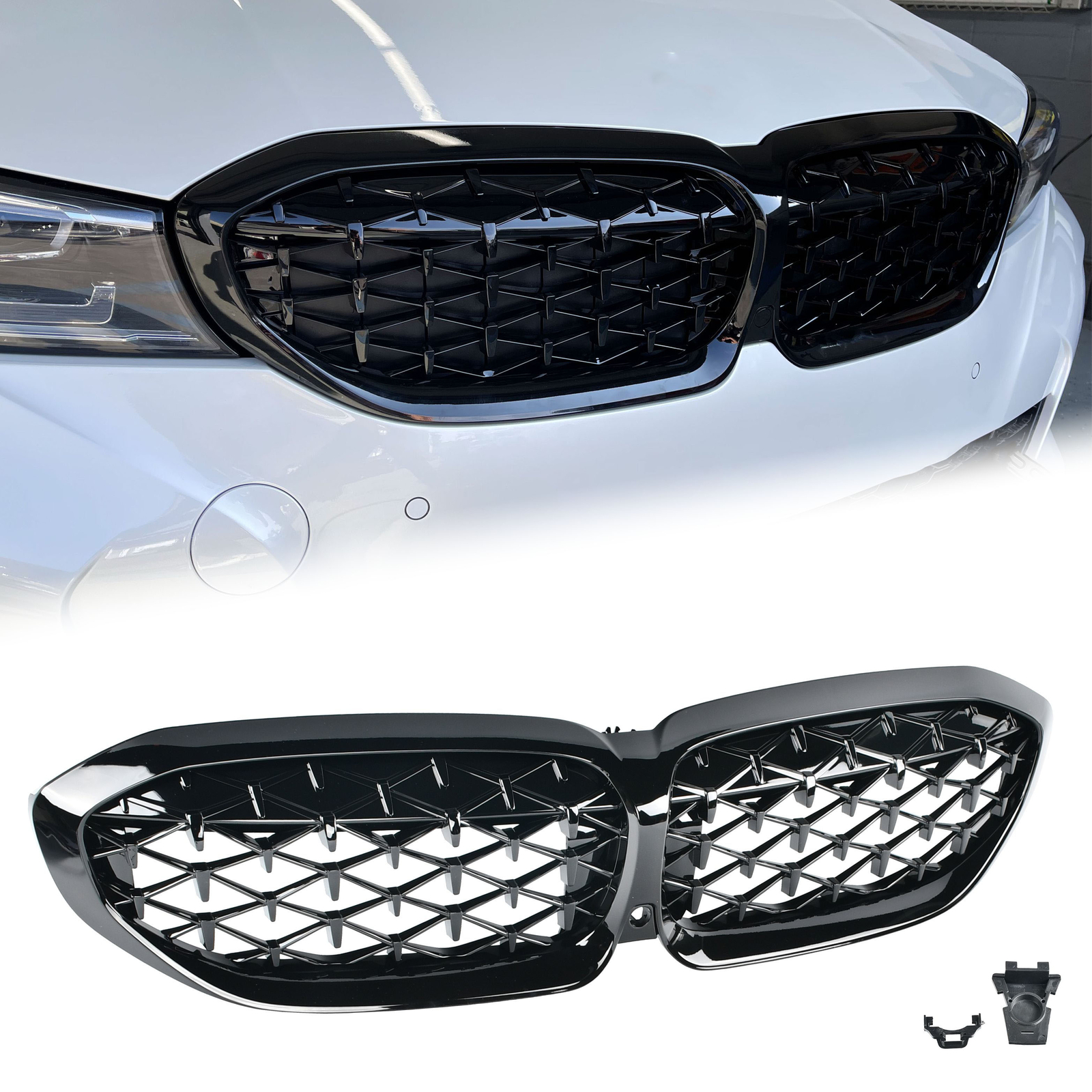 Glossy Black Front Kidney Diamond Grill Grille for 2019-2022 BMW G20 330i M340i
