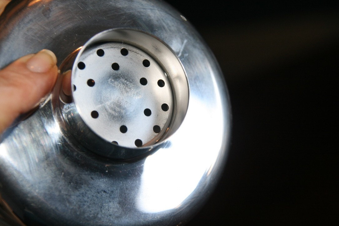 VINTAGE ALESSI GLASS AND STAINLESS COCKTAIL SHAKER, CAMPARI MATTEO THUN, 1980'S