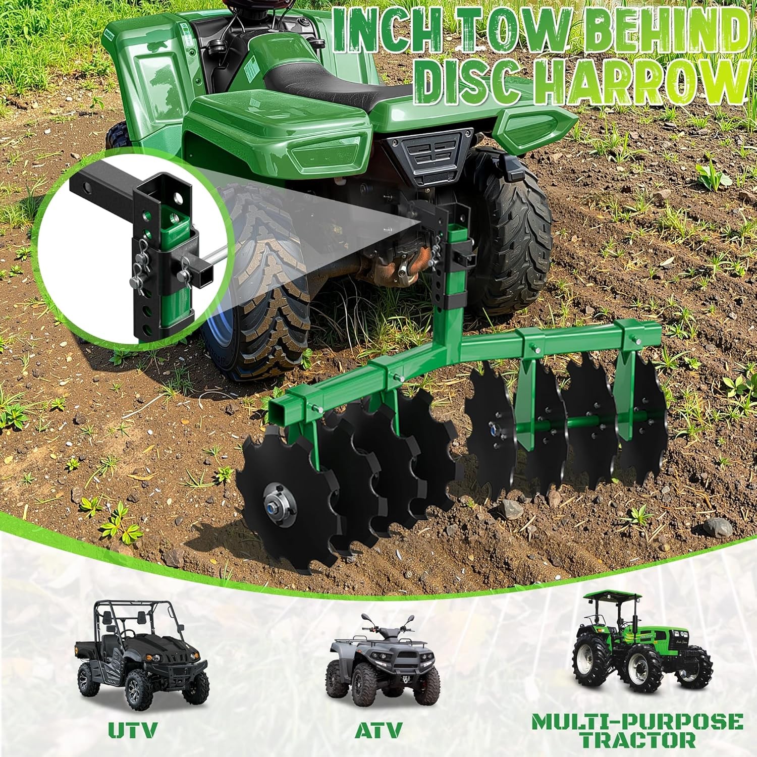 32" Tractor Disc Plow Harrow with 2" Receiver, Pull behind Tiller for ATV, Green
