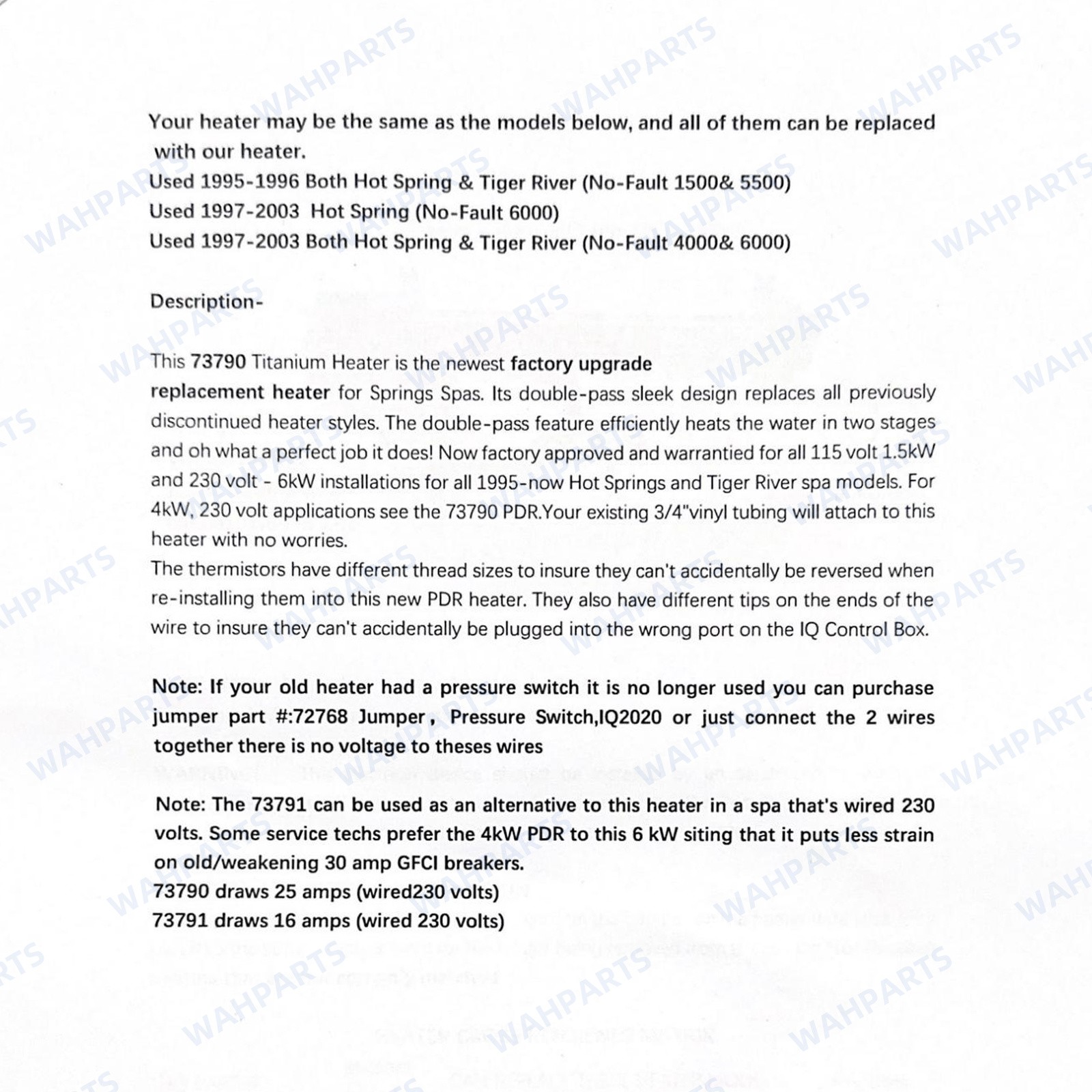 For Hot Spring Tiger River Watkins Limelight 6kW 120V-240V No-Fault Spa Heater