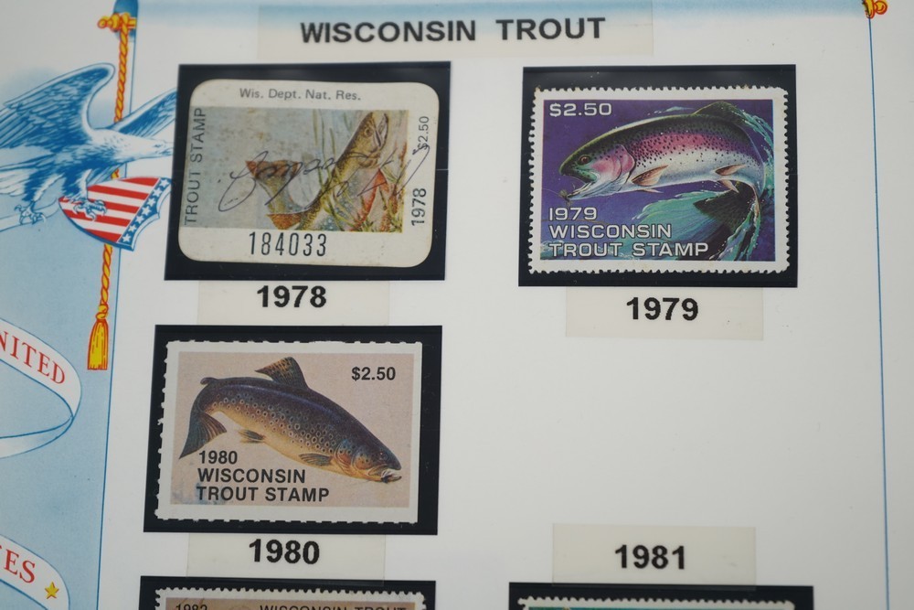 US 1970s-2010s COLLECTION OF 92 WISCONSIN STATE REVENUE STAMPS DUCKS & FISH