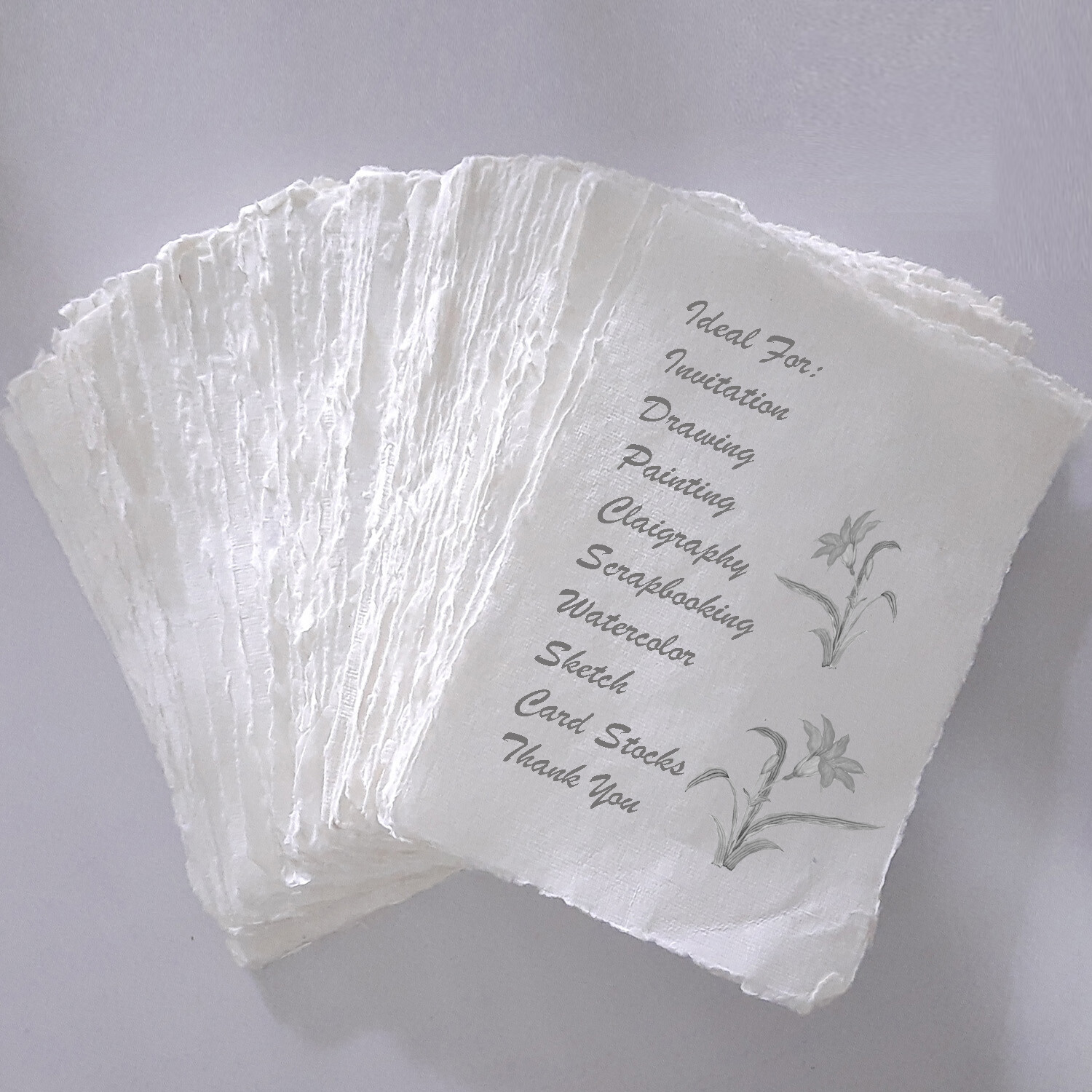 Handmade Paper -100 sheets - All Sizes - WHITE - Deckle Edge - Acid Free Natural