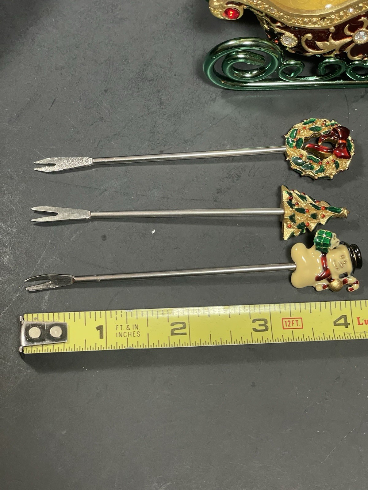 Bejeweled Bombay Christmas Sleigh w Cocktail Picks Forks Enameled In Box