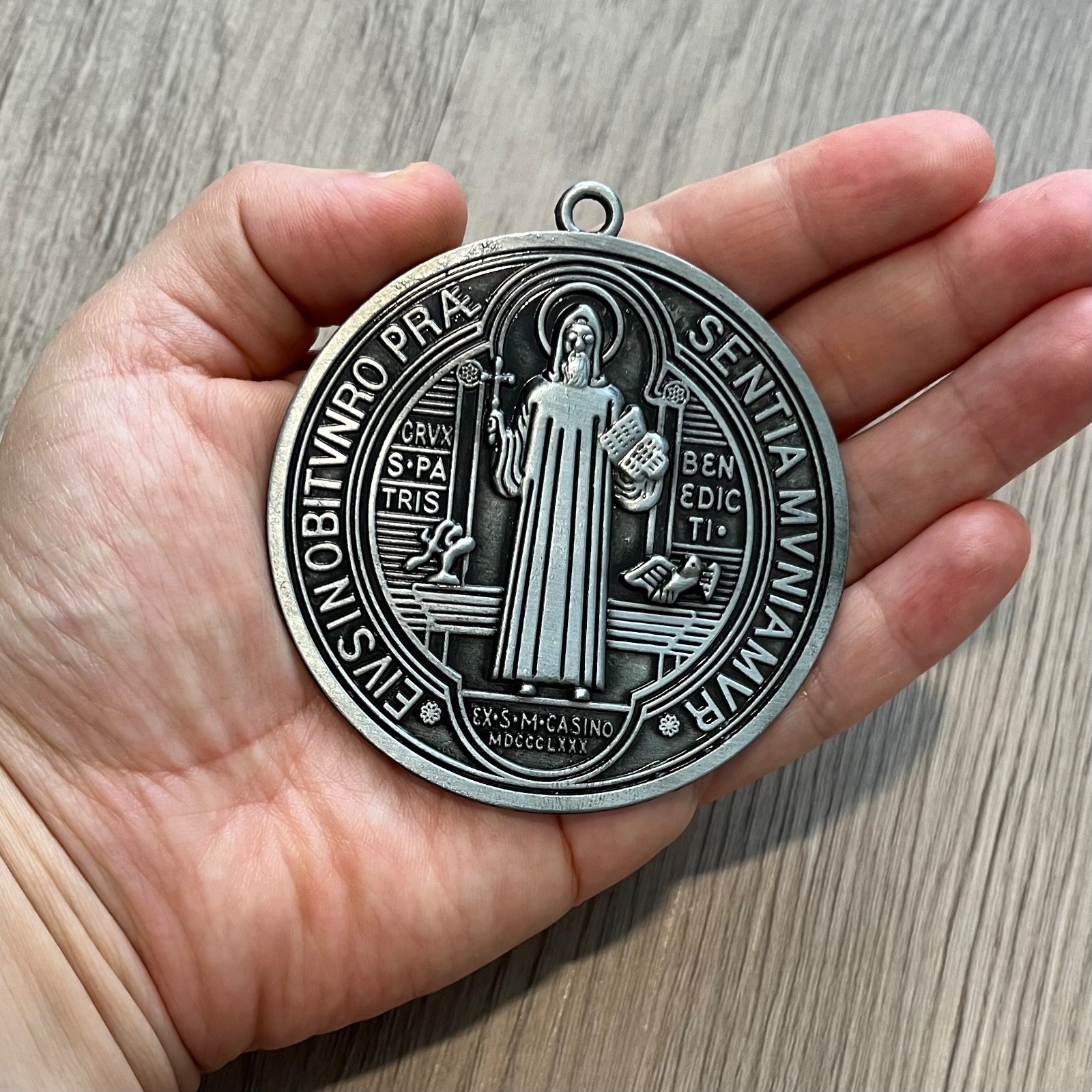 Catholic St Benedict Large Medal Antique Silver Tone Medalla Medallón San Benito