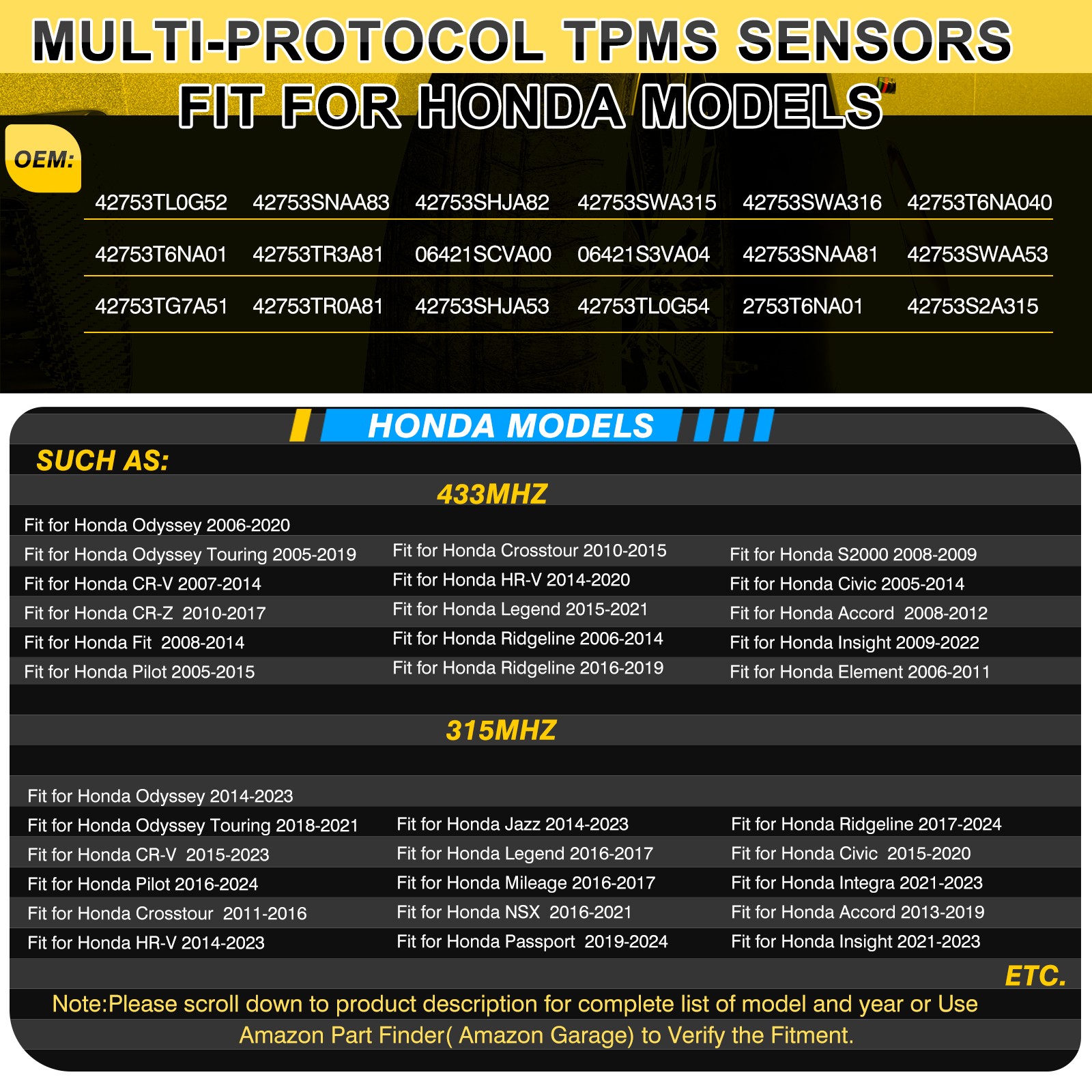 4Pcs TPMS Tire Pressure Monitoring Sensor 315MHz&433MHz for HONDA
