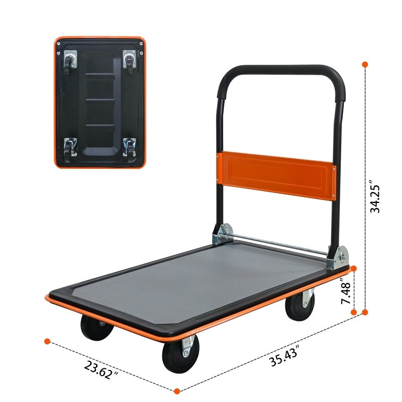 660lbs Flatbed Cart, Orange Foldable Cart Dolly 35.4"X23.6" Platform Hand Truck