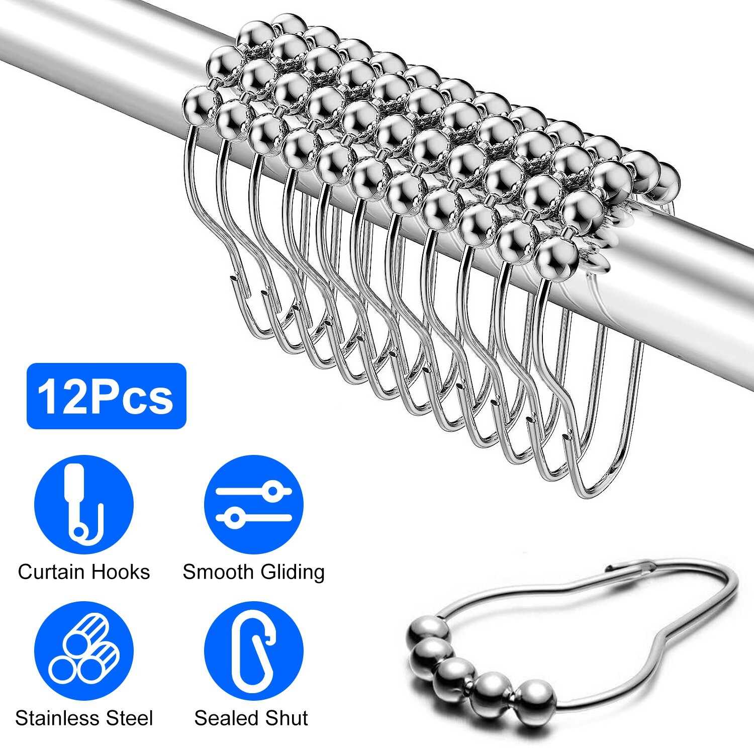 12 Sets of Shower Curtain HOOKS RINGS Stainless Steel Roller Set for Bathroom
