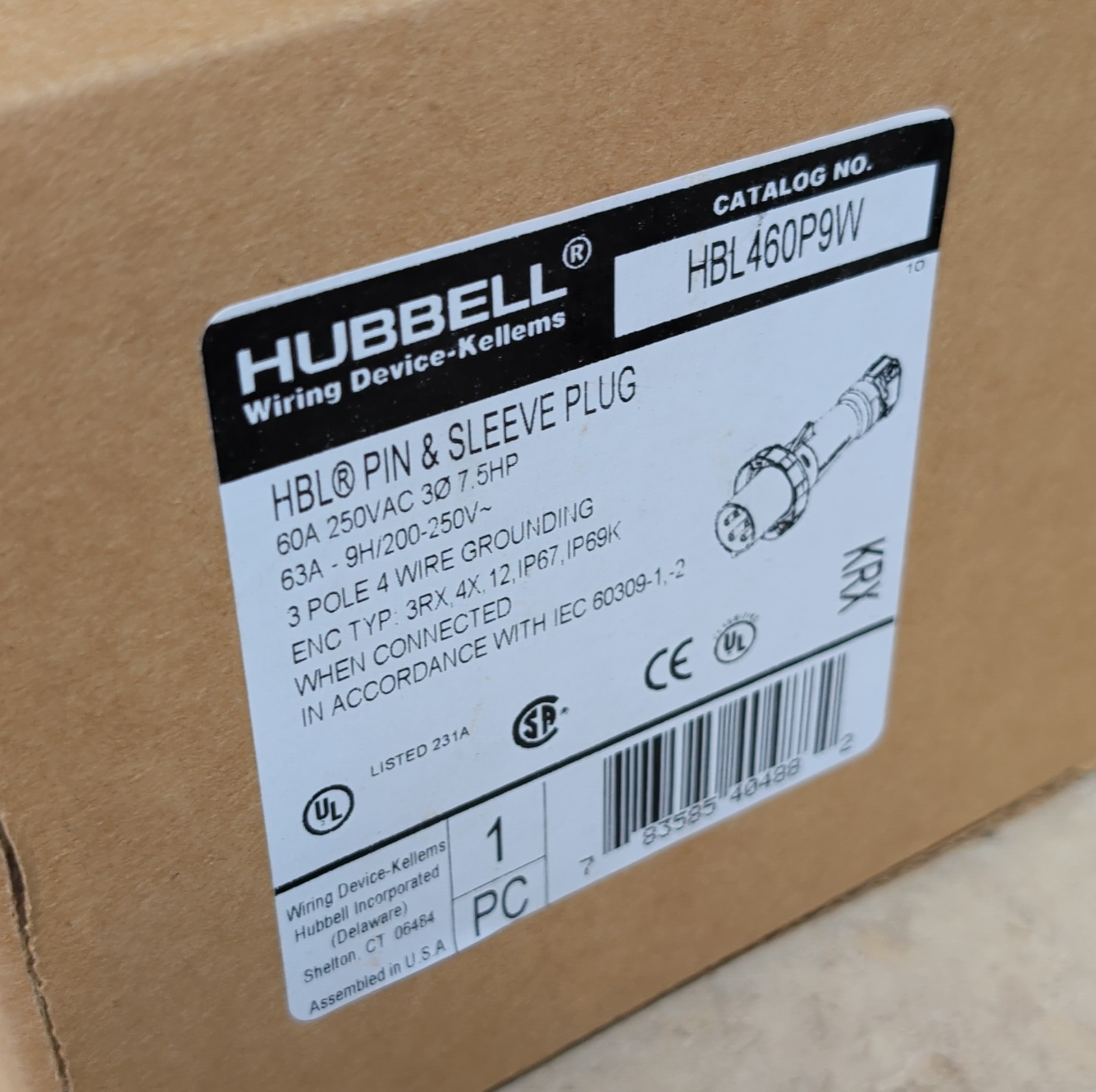 Hubbell HBL460P9W Pin & Sleeve Plug 60A 250V IEC 60309 3P4W IP67 IP69K Blue Gray