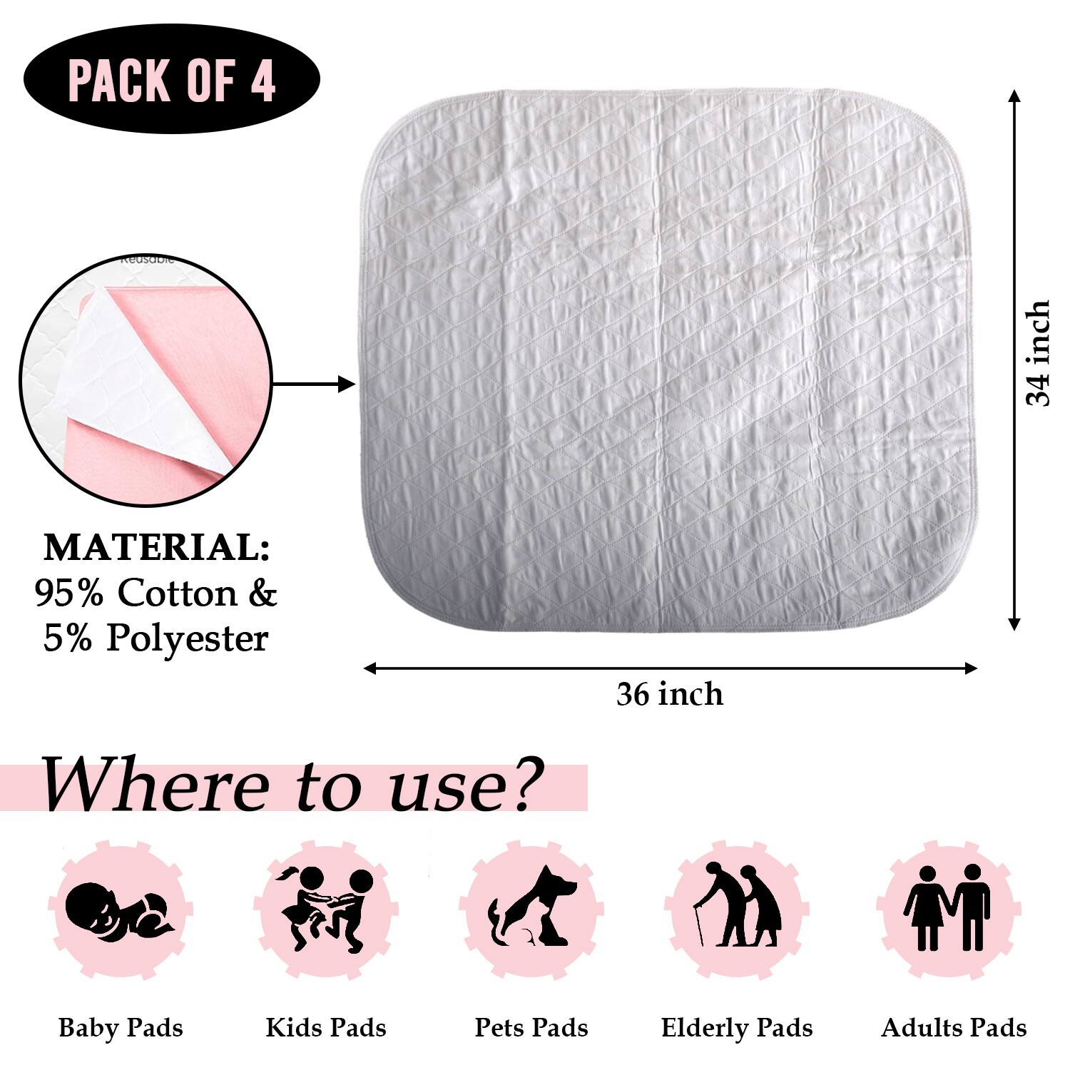 6 Premium Washable Underpads Bed Reusable Pads Waterproof Incontinence Hospital