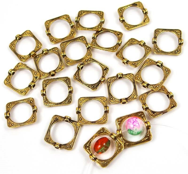 20 Antiqued Gold Pewter Square Frame Beads 15mm
