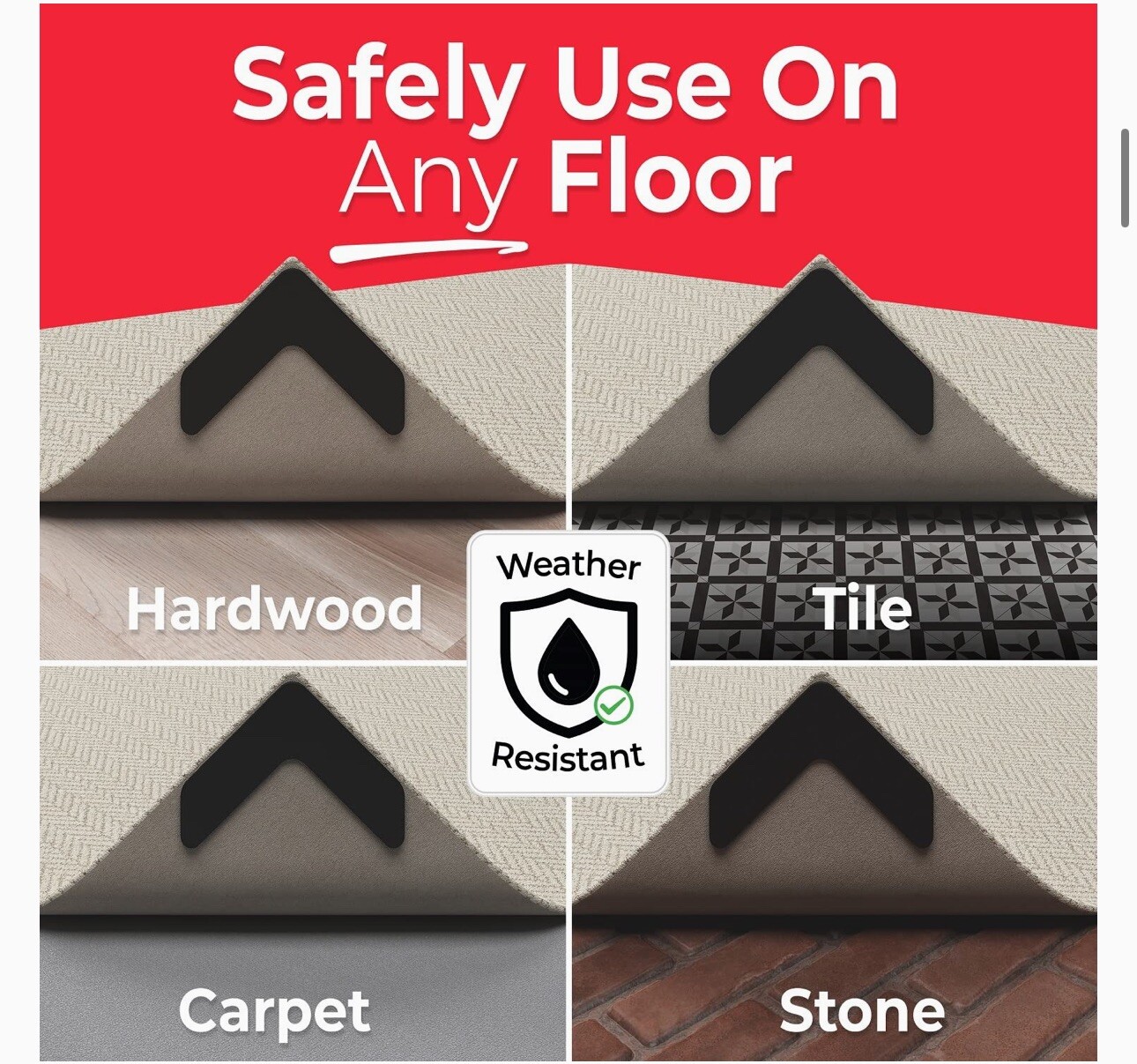 4 Piece Never Curl Rug Gripper Corners No Slip Indoor Outdoor NEVERCURL New