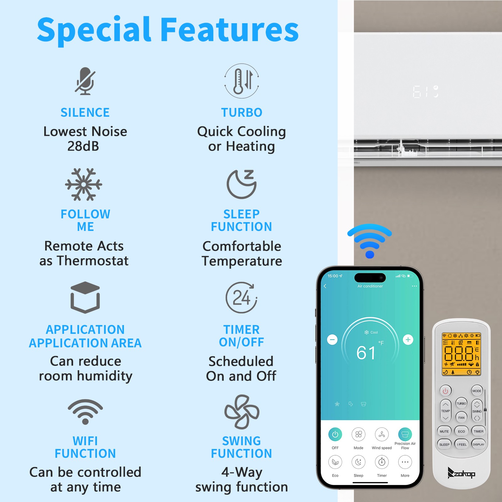 28000 BTU Tri Zone Ductless Mini Split Air Conditioner & Heat Pump -20 SEER,Wifi