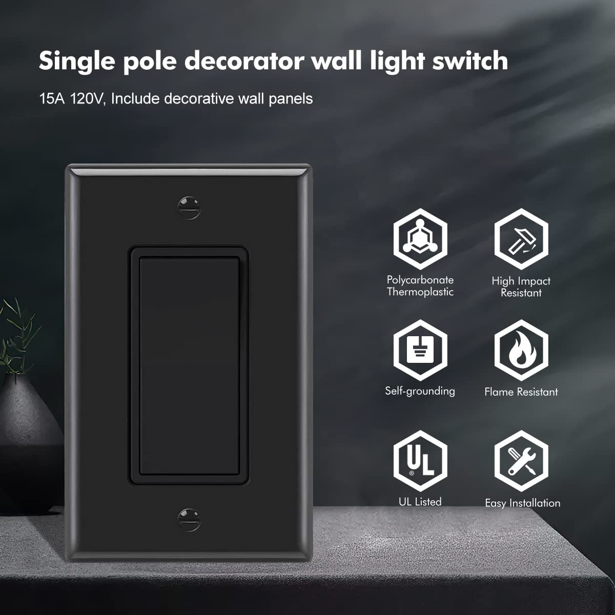 10 Pack Decora Light Switch Black, Single Pole Paddle Rocker,15A 120V/277V