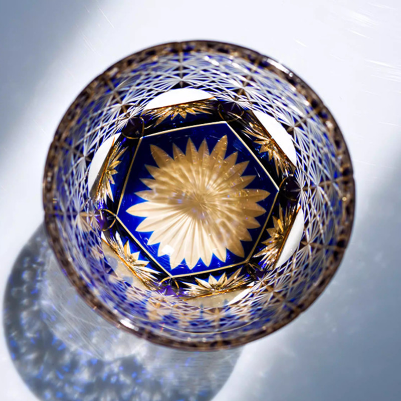 Edo Kiriko Crystal Whiskey Glasses Hand Cut To Clear Blue 9oz Gift Packing