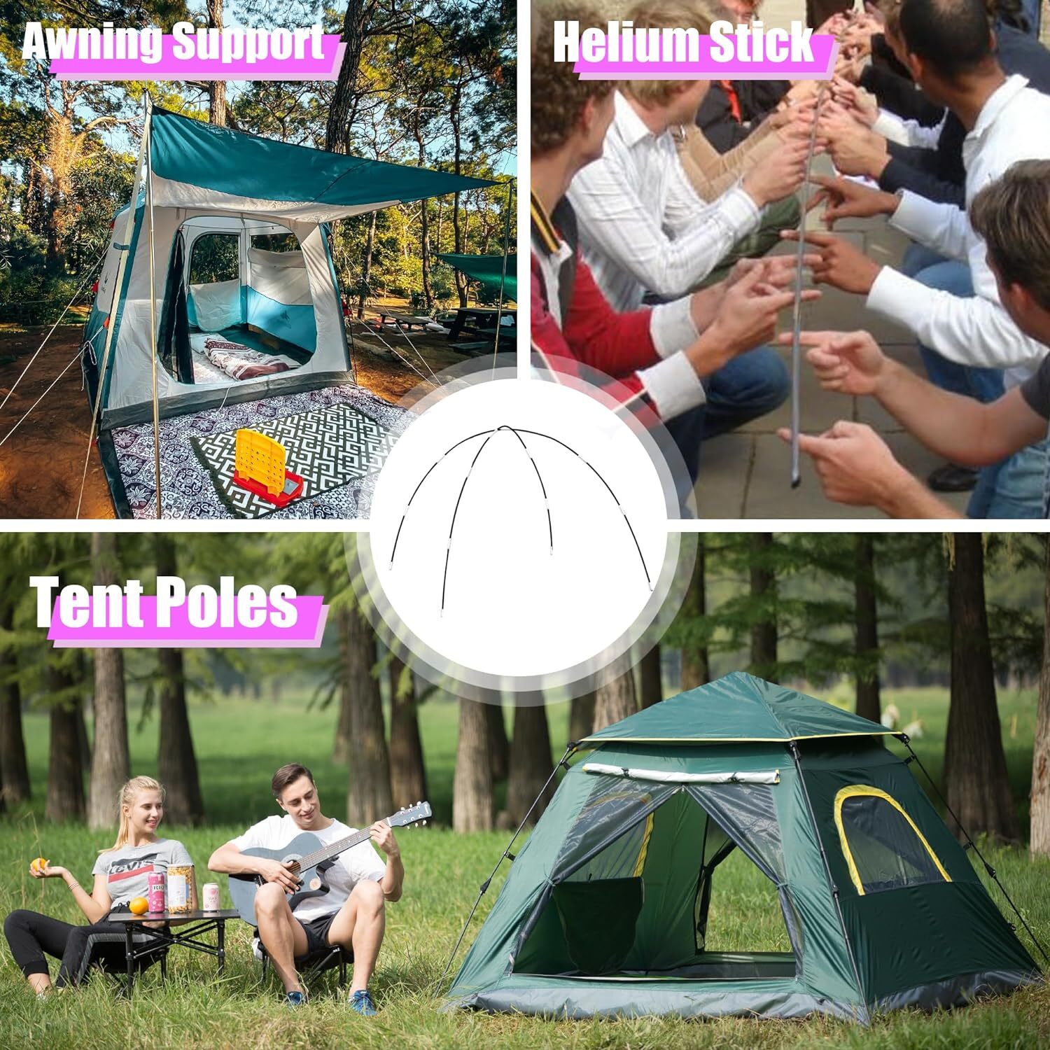 Betus Fibreglass Tent Poles Replacement - Pre-Assembled Black Tent Pole 12Ft