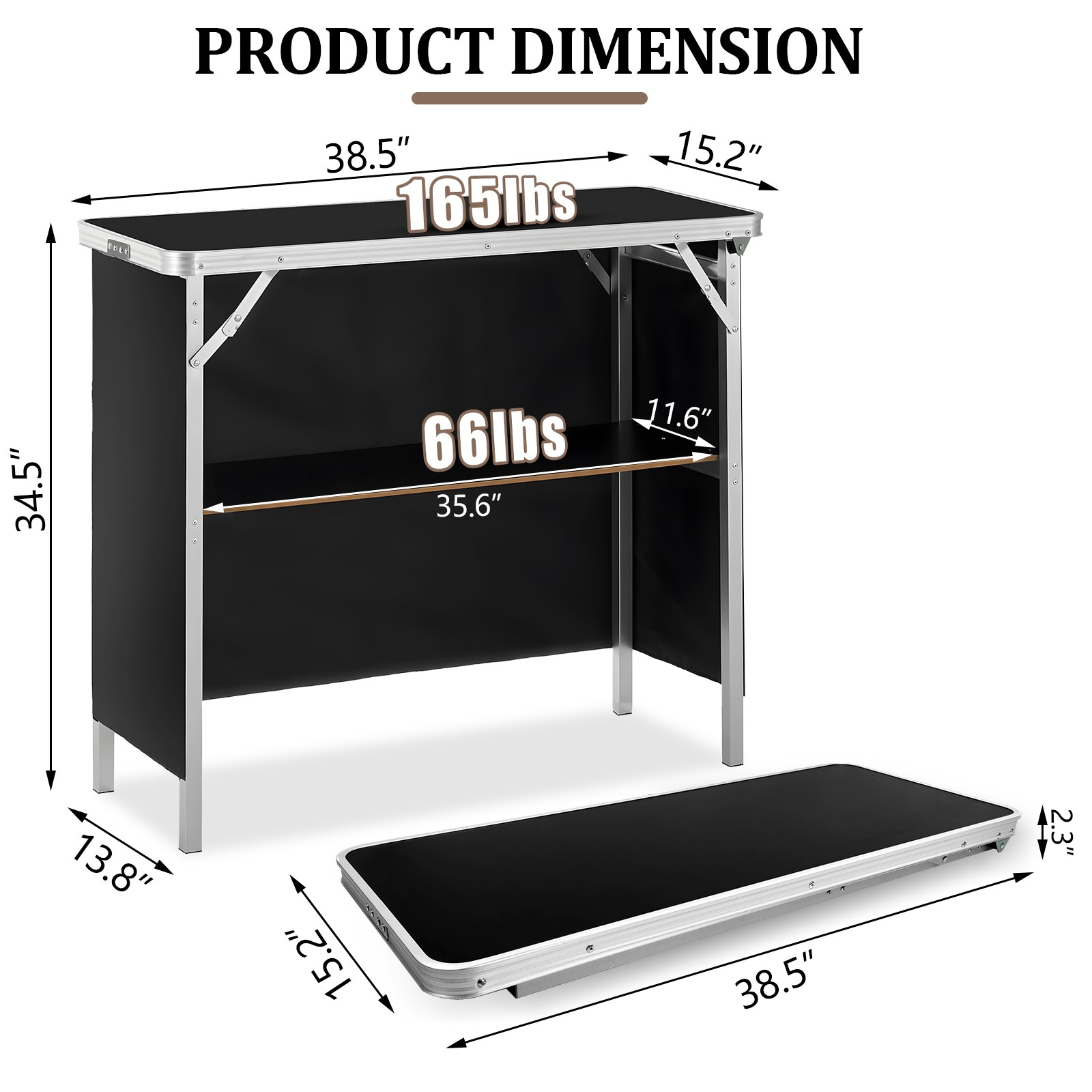Portable Folding Bar 38.5" with Storage Shelves, Removable Skirt & Carry Case