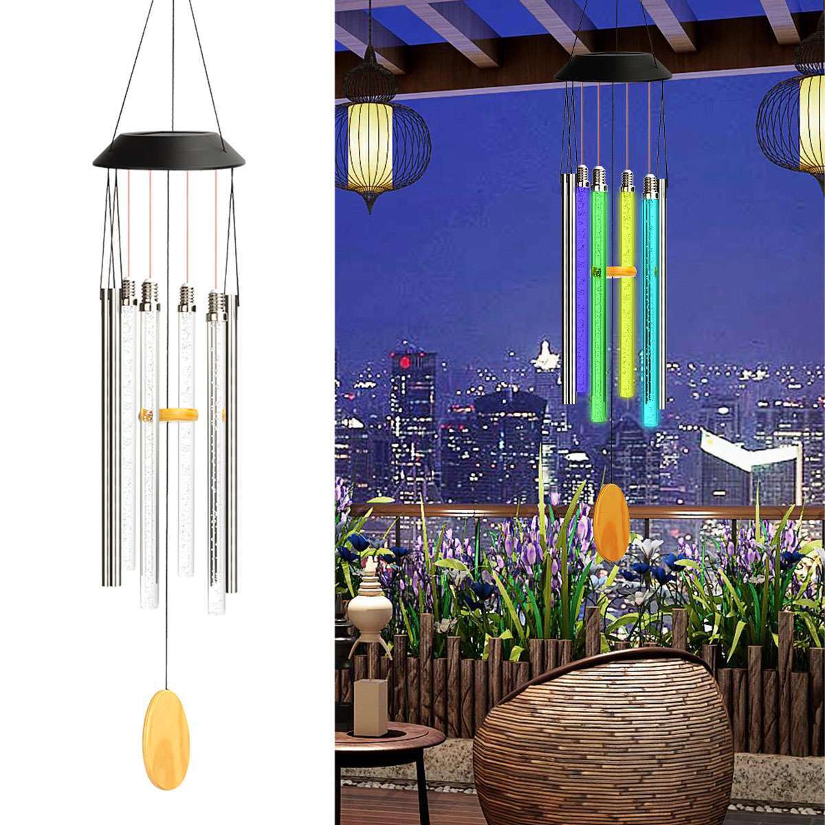 Color Changing Solar Wind Chimes LED Lights Large Deep Tone Resonant Bell Tubes