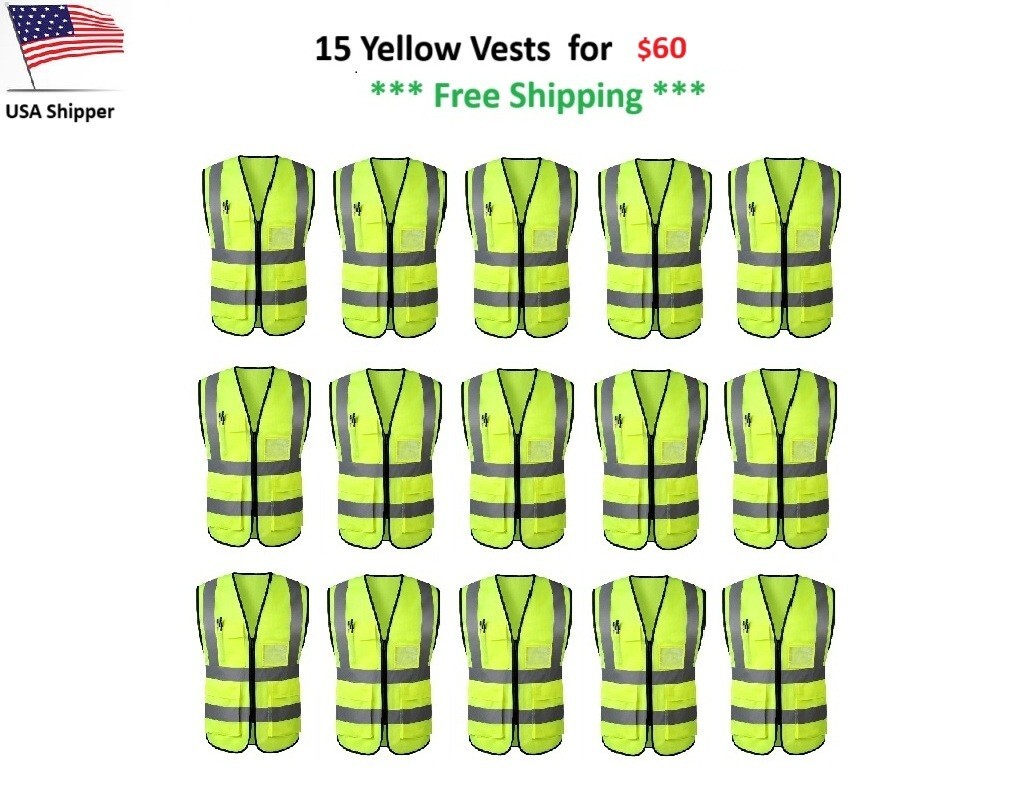 15    Five Pocket Yellow  High Visibility Class 2  Zipper Safety Vest
