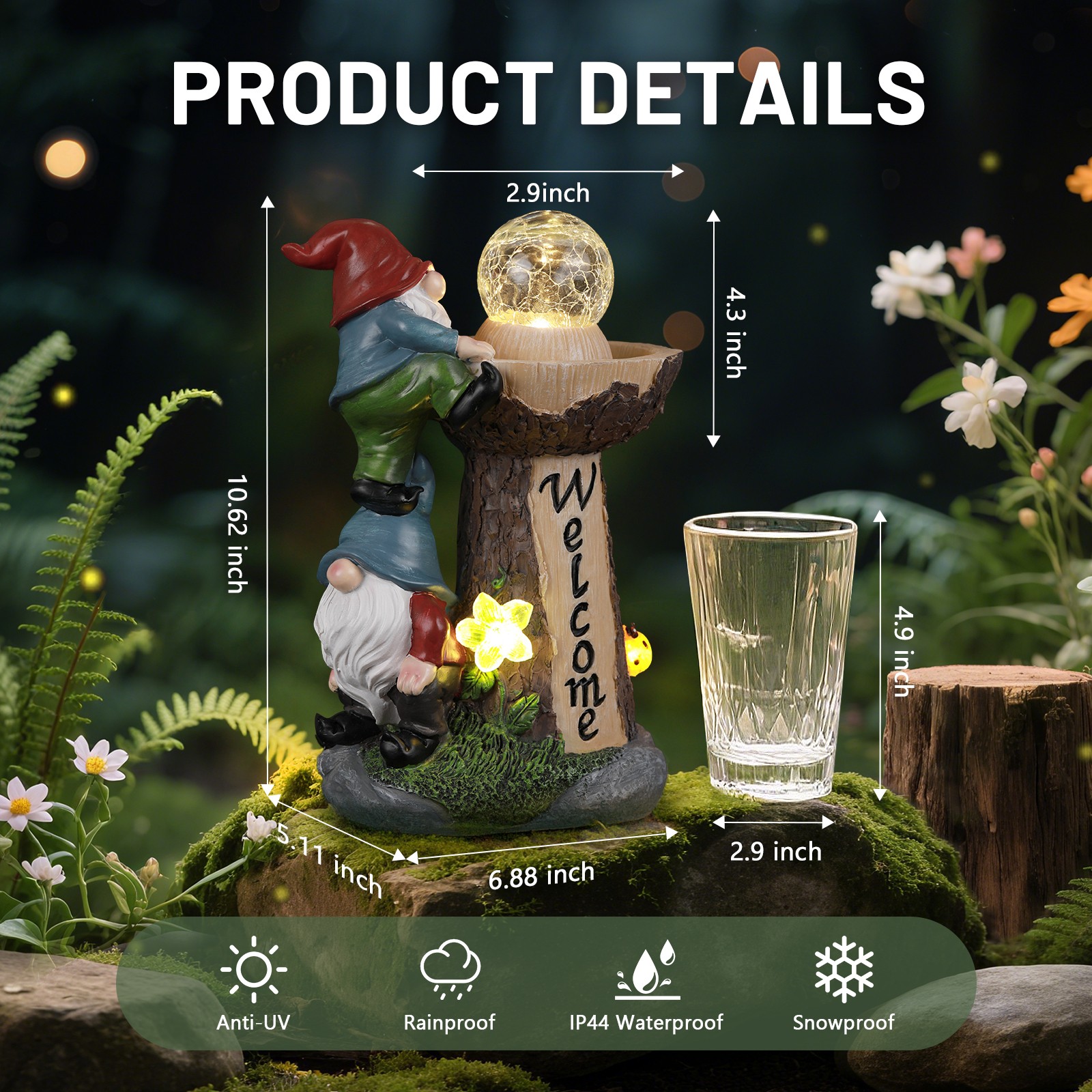 Solar-Powered Weatherproof Gnome Statue with Built-in LED Lights (Resin)