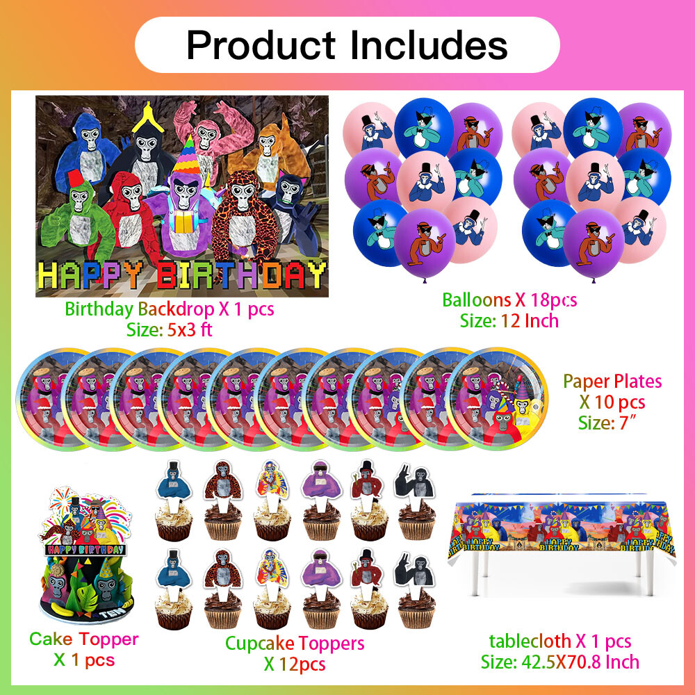 Gorilla Tag Birthday Decor Party Supplies Plate Balloon Cake Topper Banner 5x3ft