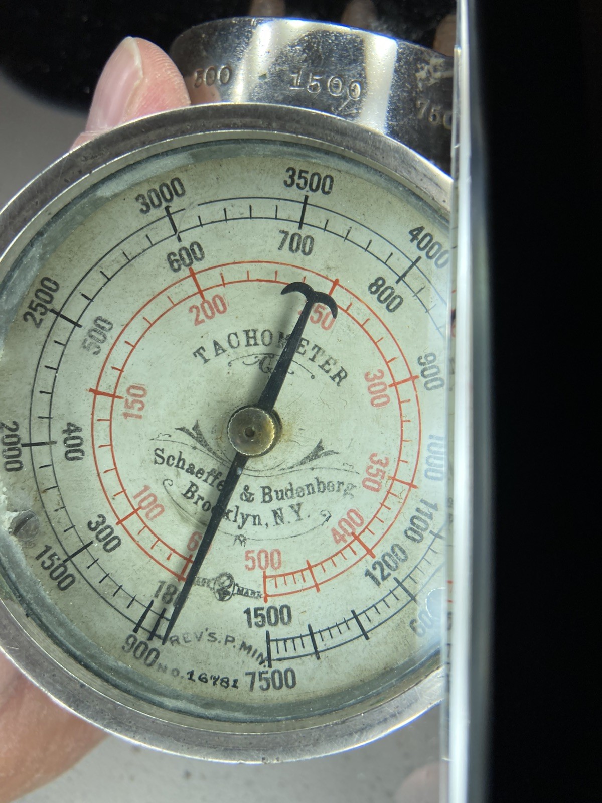 ANTIQUE SCHAEFFER BUDENBERG GAUGE TACHOMETER REVOLUTION COUNTER RR, 7500 RPM’s!