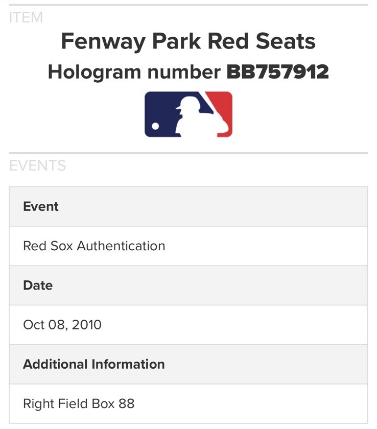 Fenway Park Aisle End Stadium Seat Boston Red Sox Game Used MLB Authenticated