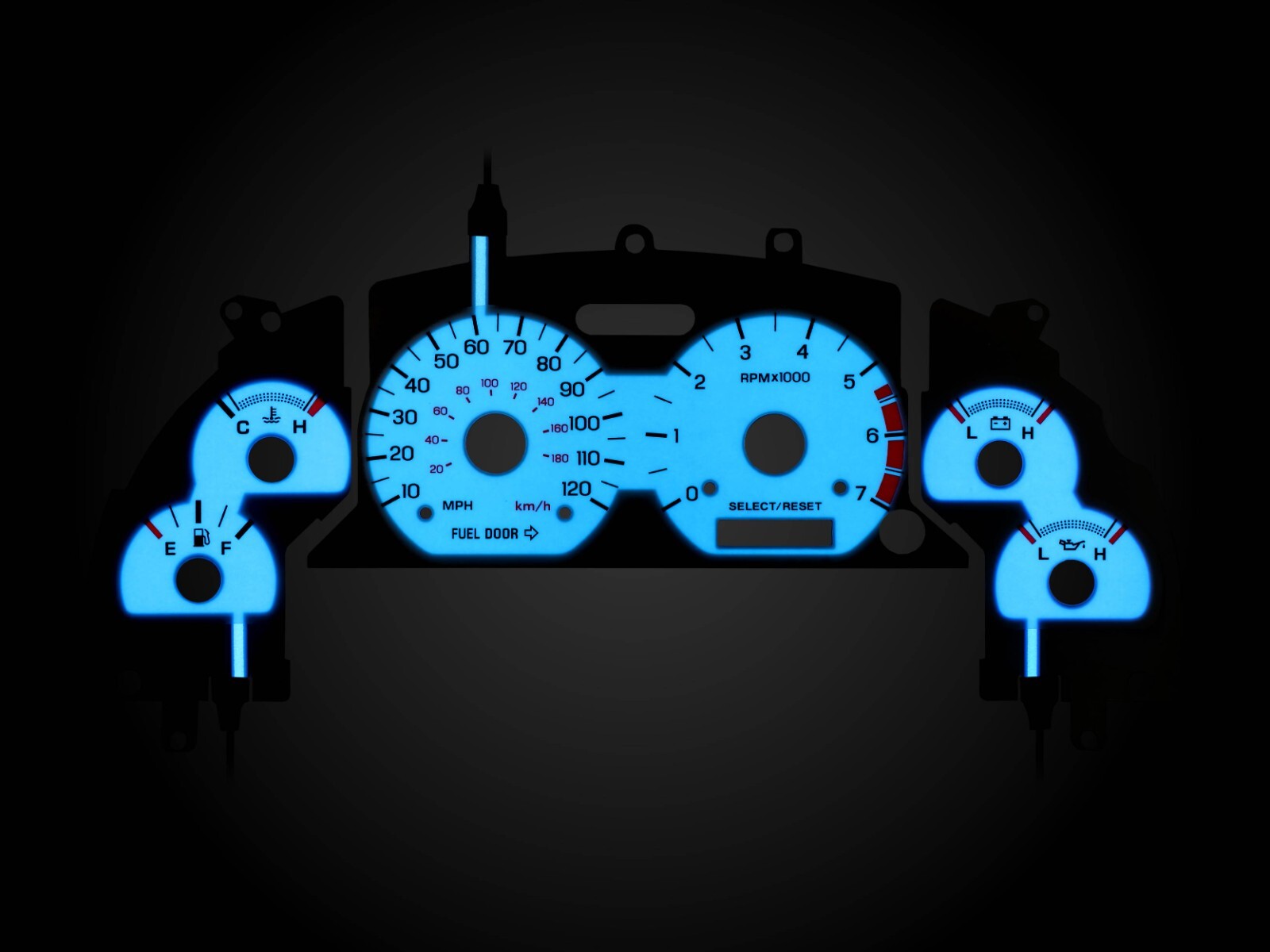 BLUE/GREEN Glow Gauge White Overlay For 99-04 Ford Mustang V6 120MPH Cluster