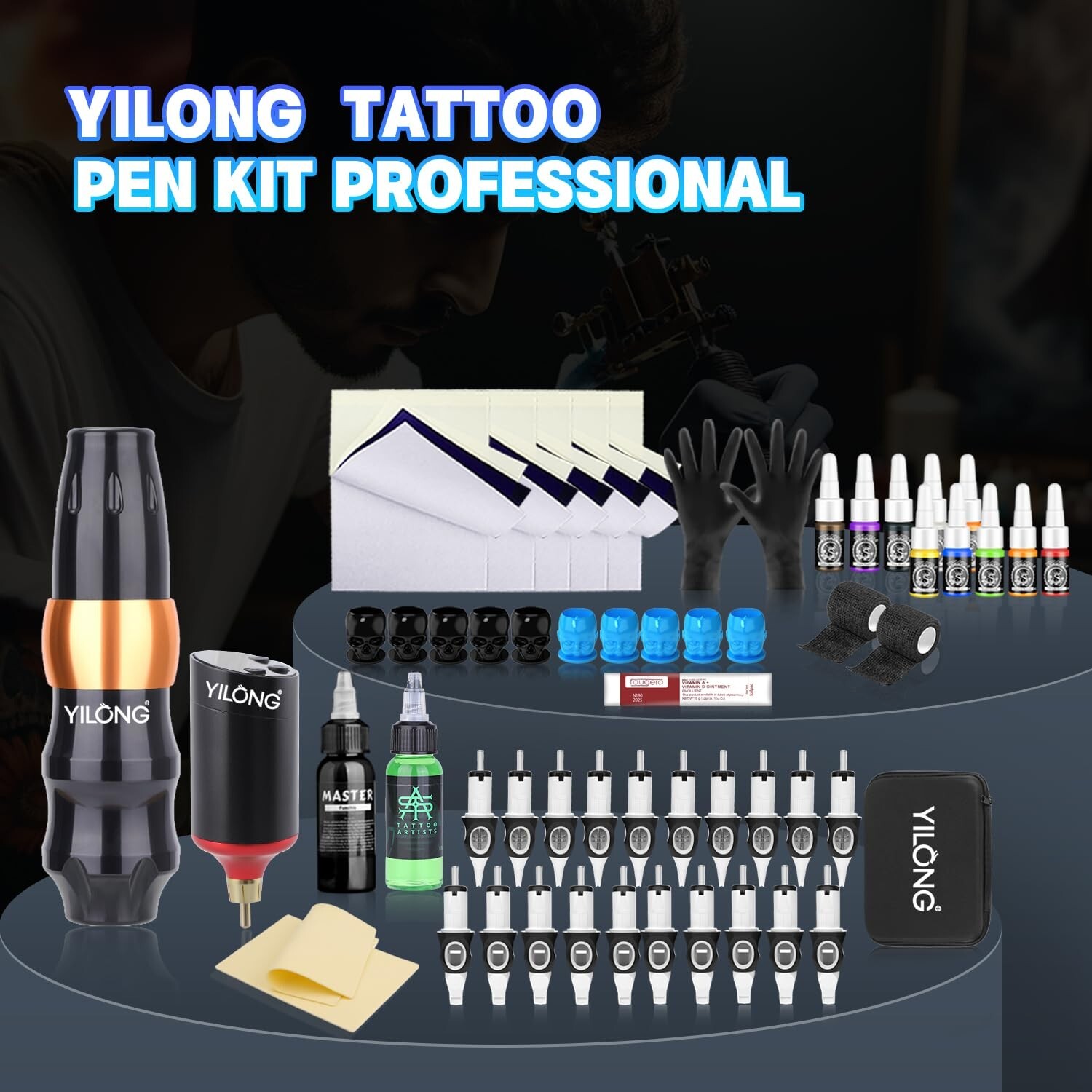 YILONG S4 Wireless Tattoo Pen Machine Kit 1200mAh Power Supply 20PCS Needles