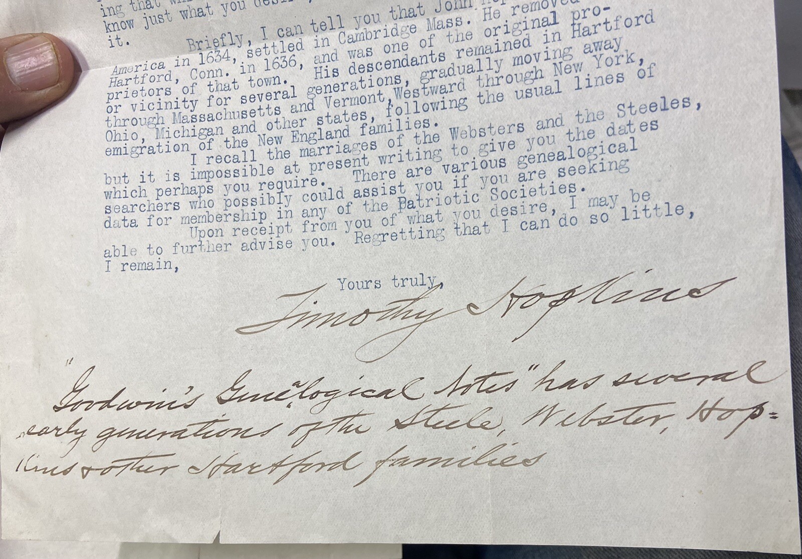 TWO 1907 TIMOTHY HOPKINS Letters Re: Hopkins Family Genealogy San Francisco, Cal