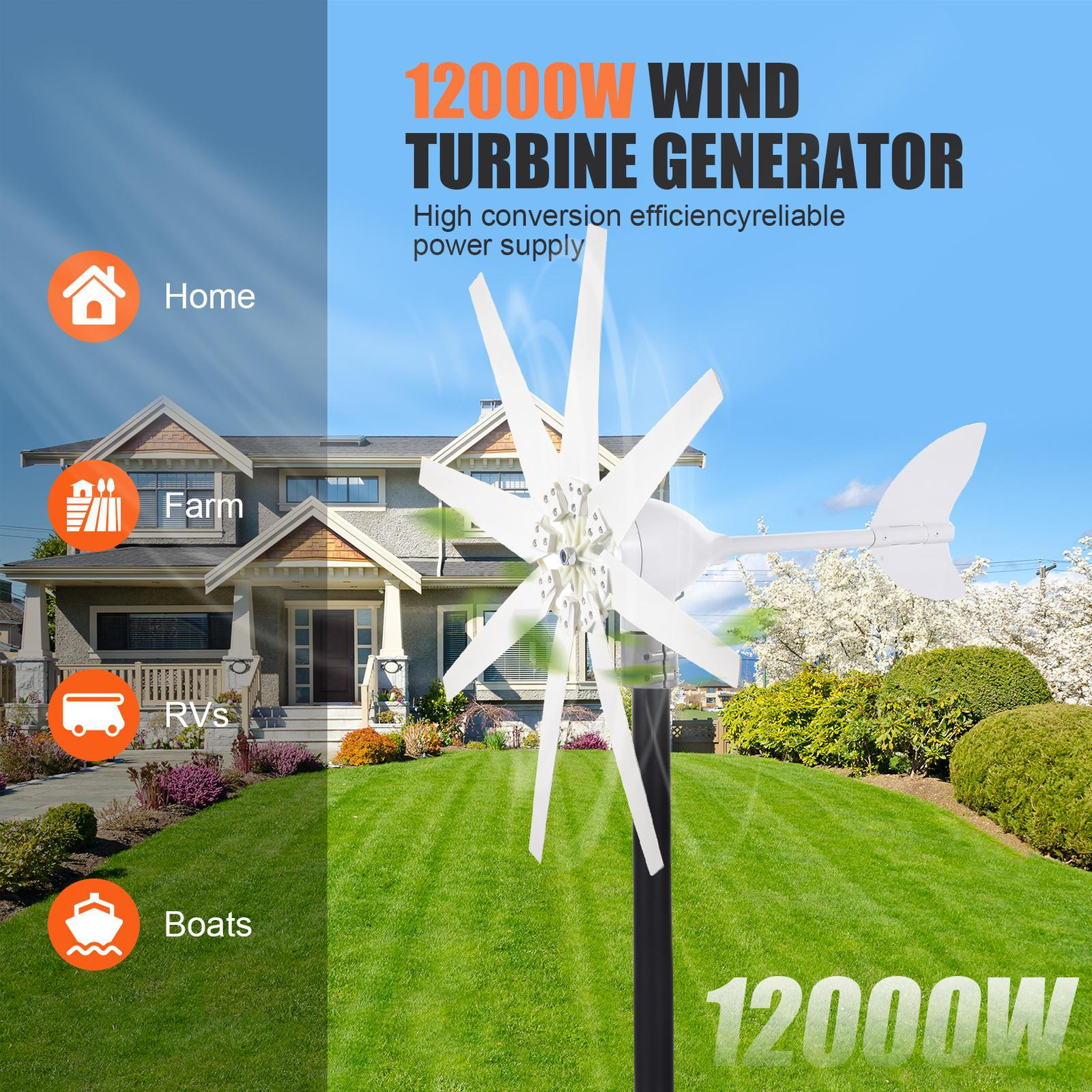 12KW Wind Turbine Generator 8 Blades Charger Controller Windmill Power DC 12V24V