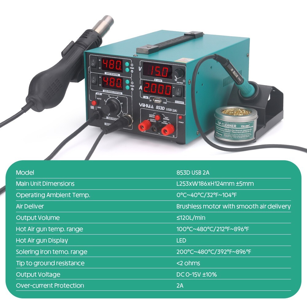 YIHUA 853D 800W 3-IN-1 Multi Station Iron Hot Air Gun 2A USB DC Power Supply