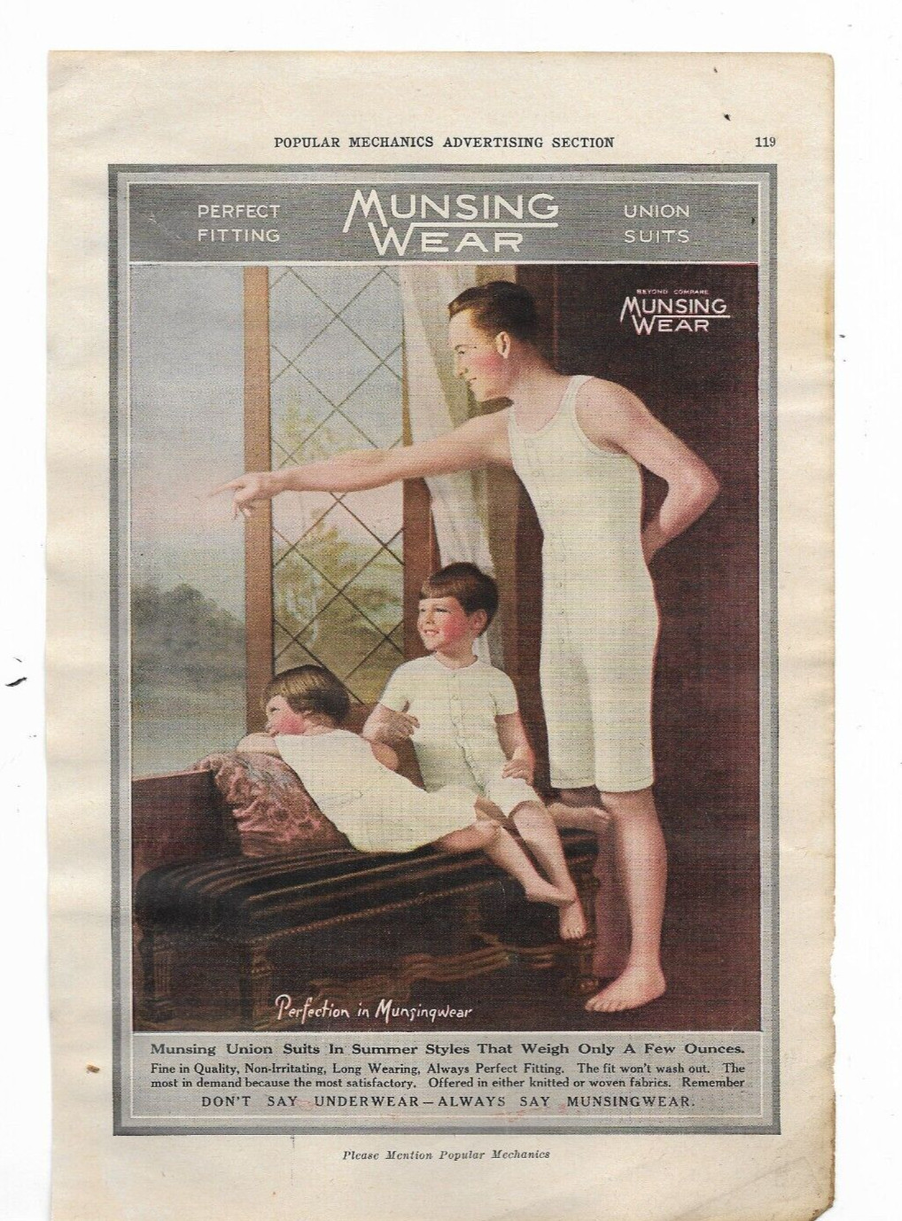MUNSING WEAR PERFECT FITTING SUMMER UNDERWEAR & ALABASTINE CO. WALL DECOR Ads .5