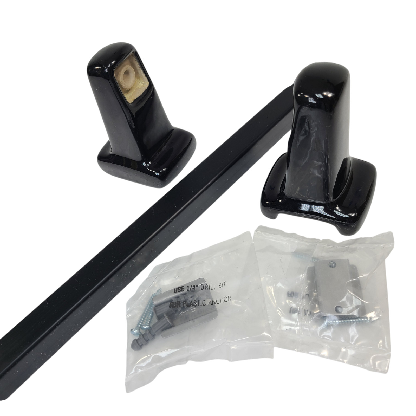 Vintage Black Ceramic Towel Bar Rod Rack Post Holders Bracket Screw in Drywall