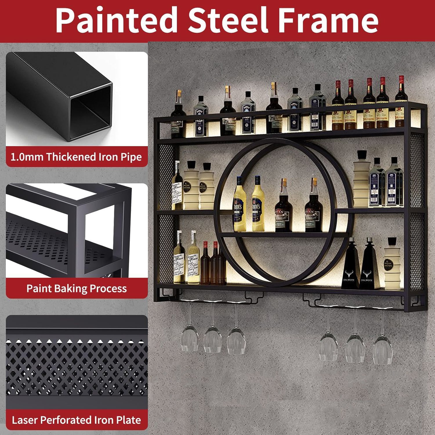 Wall Mounted LED Wine Rack Metal Bar Bottle Display Shelf with Wine Glass Rack