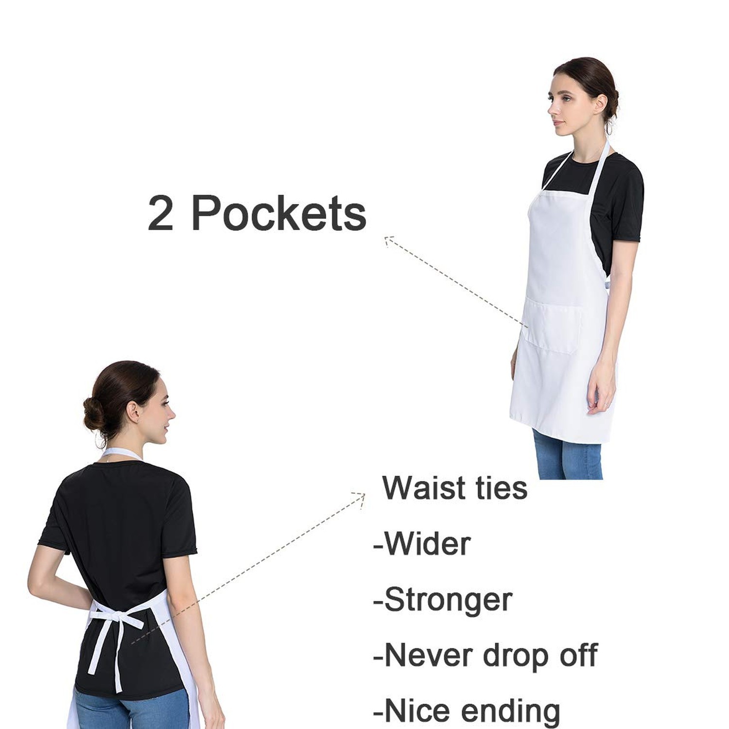 Total 6PCS White Apron for Women Adult Unisex Plain Color Bib aprons with 2 F...