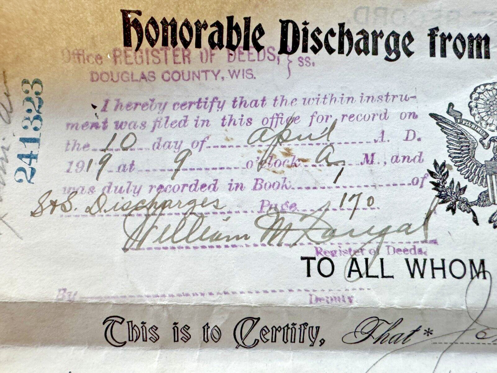 1918 WWI HONORBLE DISCHARGE PAPERS FROM THE UNITED STATES ARMY PRIVATE MALEY