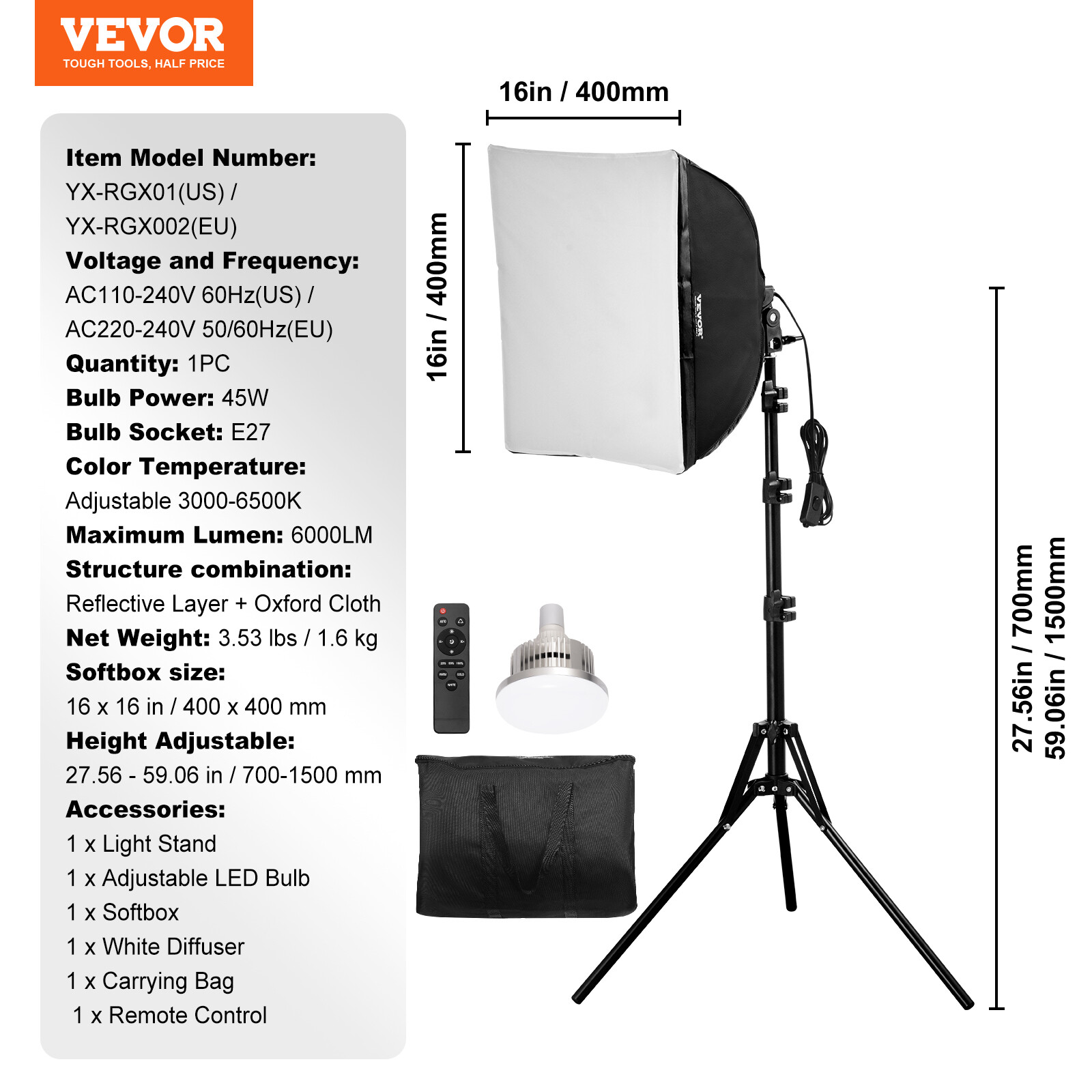 Softbox Lighting Kit 16 in x 16 in 3000-6500K Adjustable for Photography