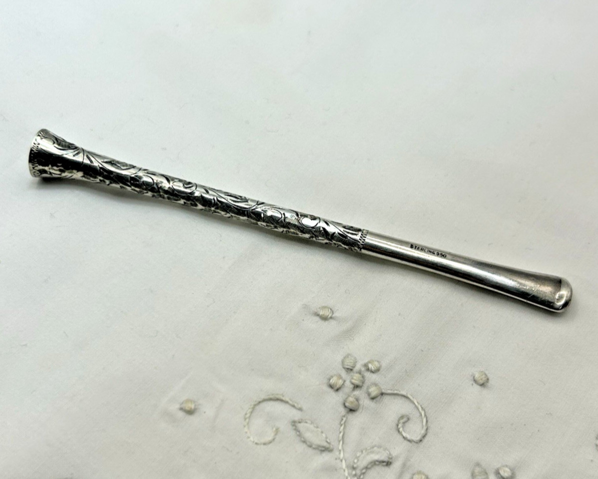 Unsigned 950 Silver Hand Etched Engraving Cigarette Holder 4-7/8" Vintage 9.8 gr