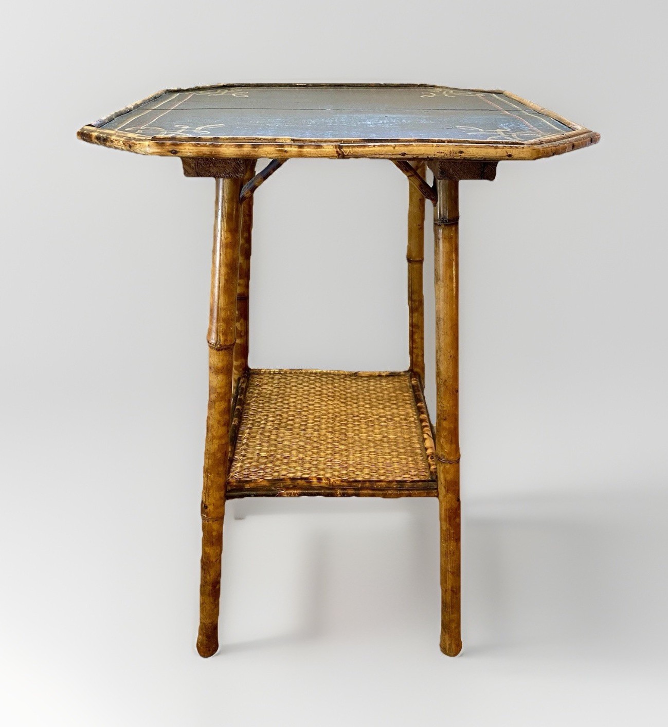 Antique 2 Tier Tiger Bamboo Side Table Victorian Aesthetic Painted Top **READ**