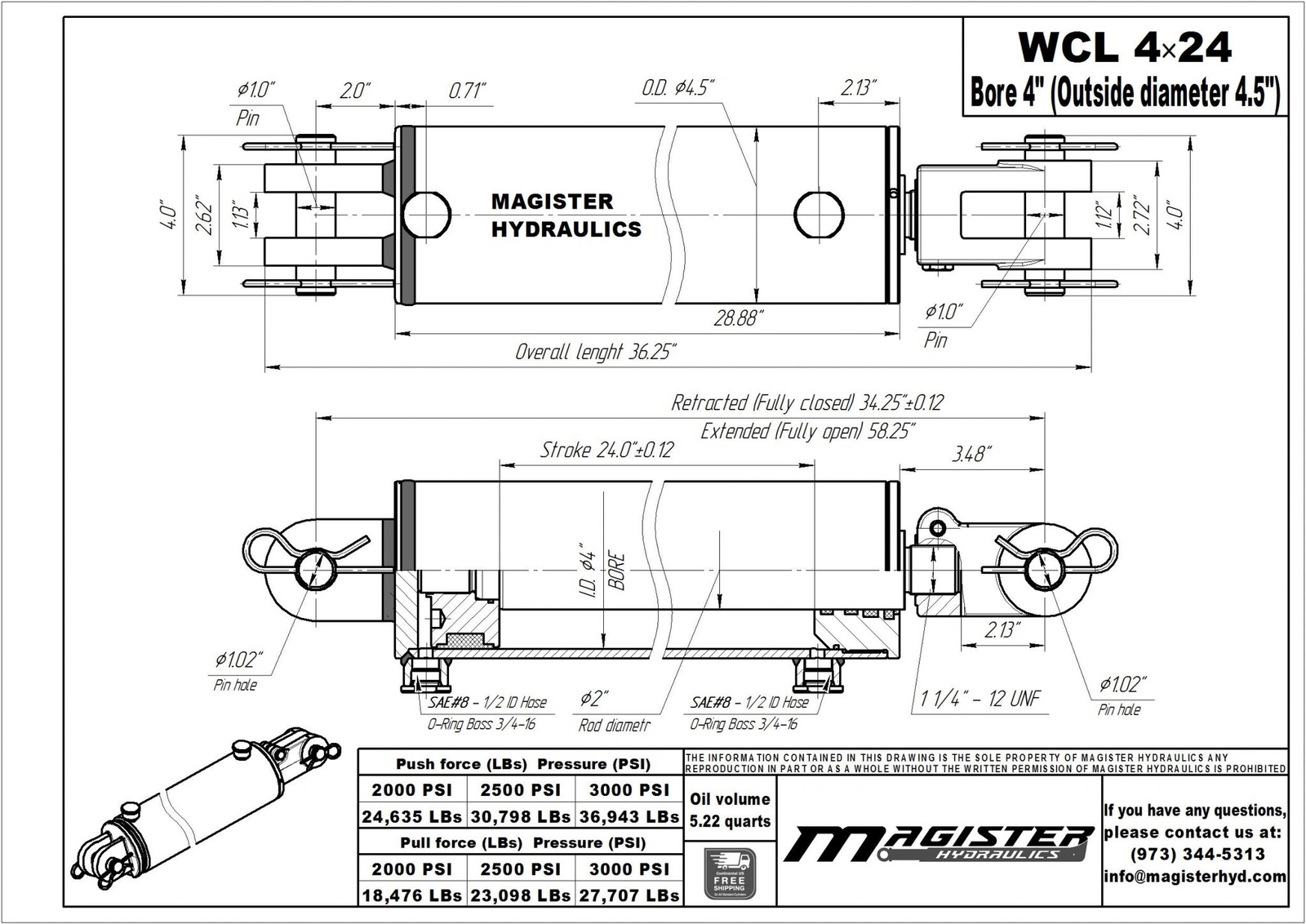 Hydraulic Cylinder Welded Double Acting 4" Bore 24" Stroke Clevis End 4x24 NEW
