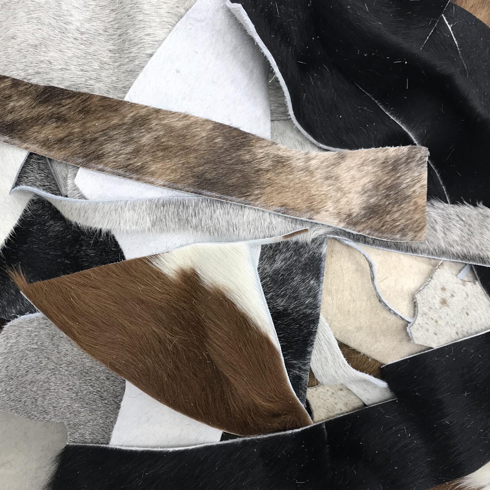 Cowhide Scrap Hair-on Cowhide Remnants Crafts 1 pound Brown/Black/Off-White