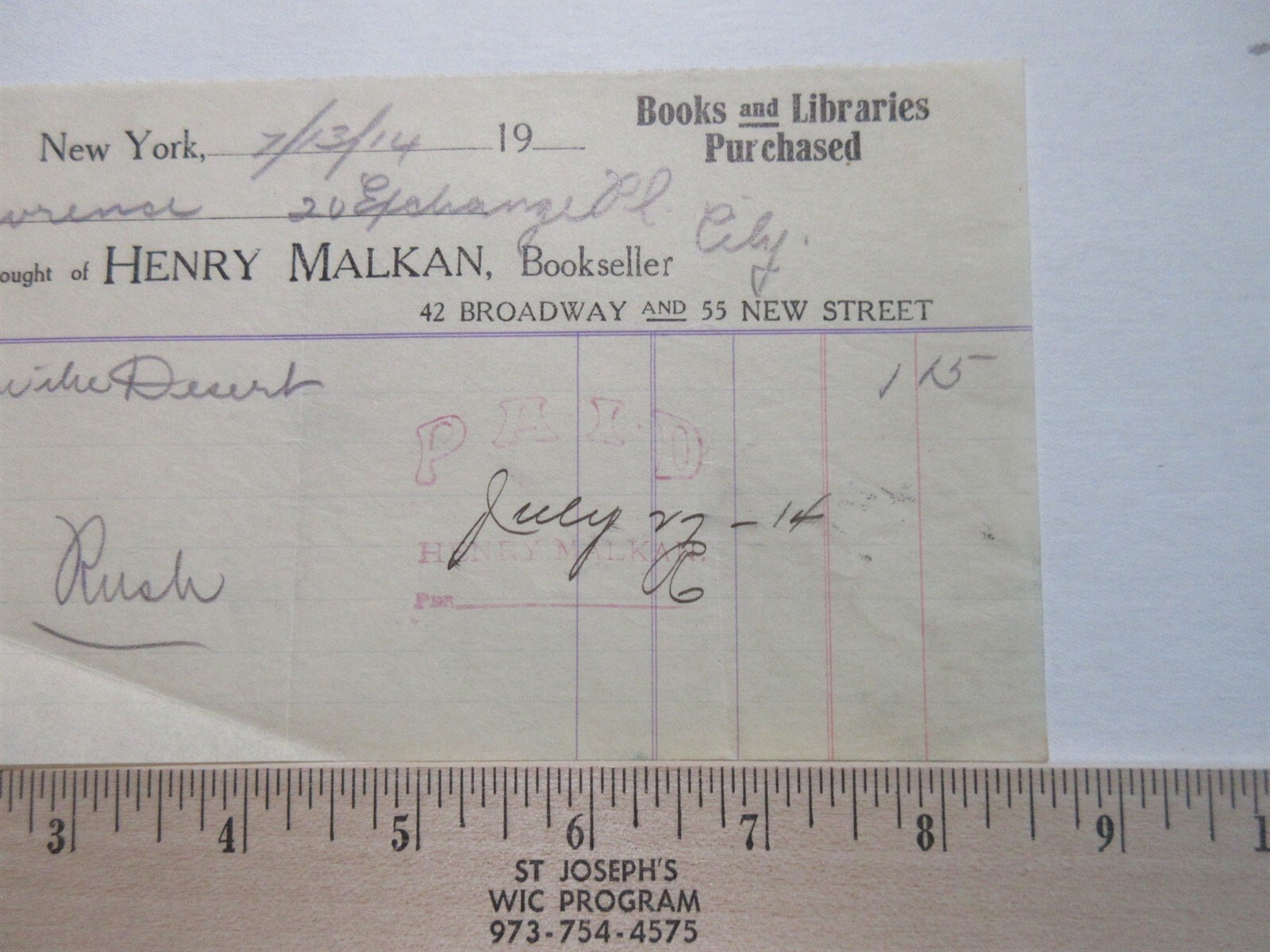 1914 Henry Malkan Bookseller receipt for Well in the Desert New York City