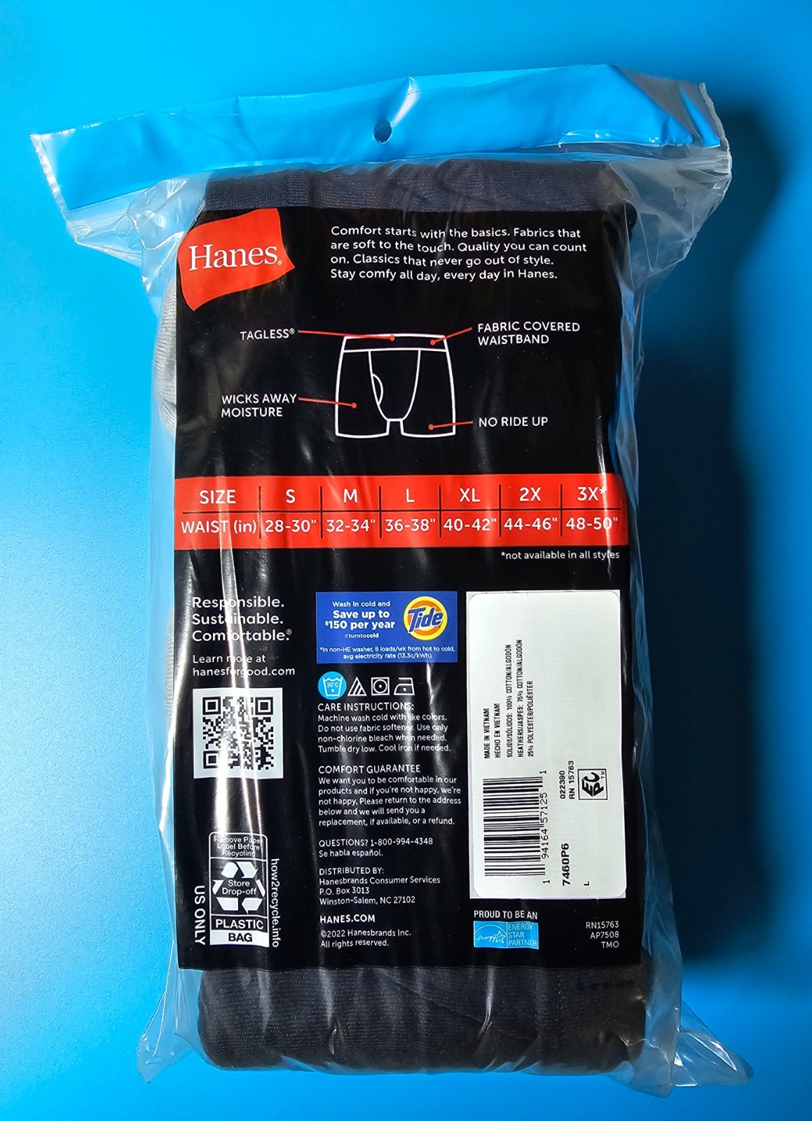 Hanes Tagless 6 Pack Boxer Briefs Wicking Cool Comfort, Blue/Gray/Black, Size L