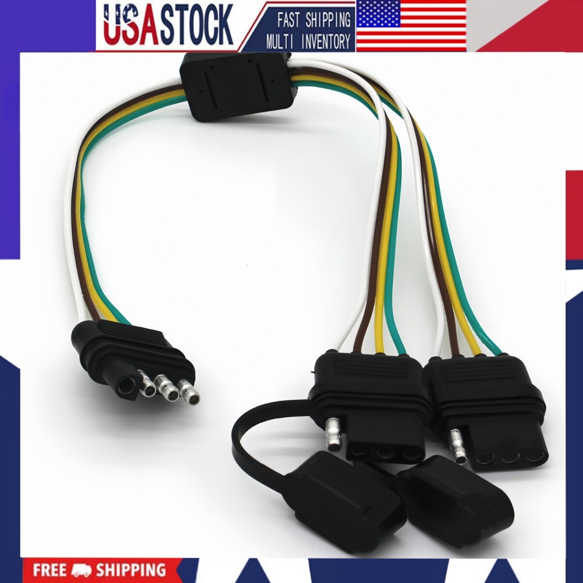 4-Way Flat Y-Splitter Dual Plug Adapter For LED Tailgate Light Bar or Trailer