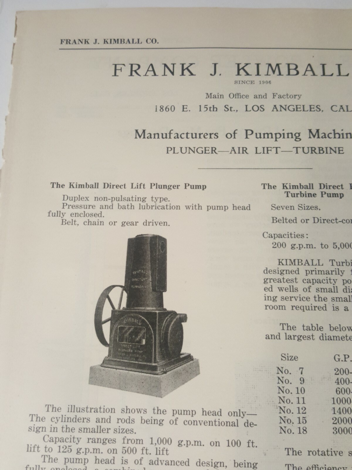 1923 mining print ad FRANK J. KIMBALL COMPANY 1860 E 15th st Los Angeles CA