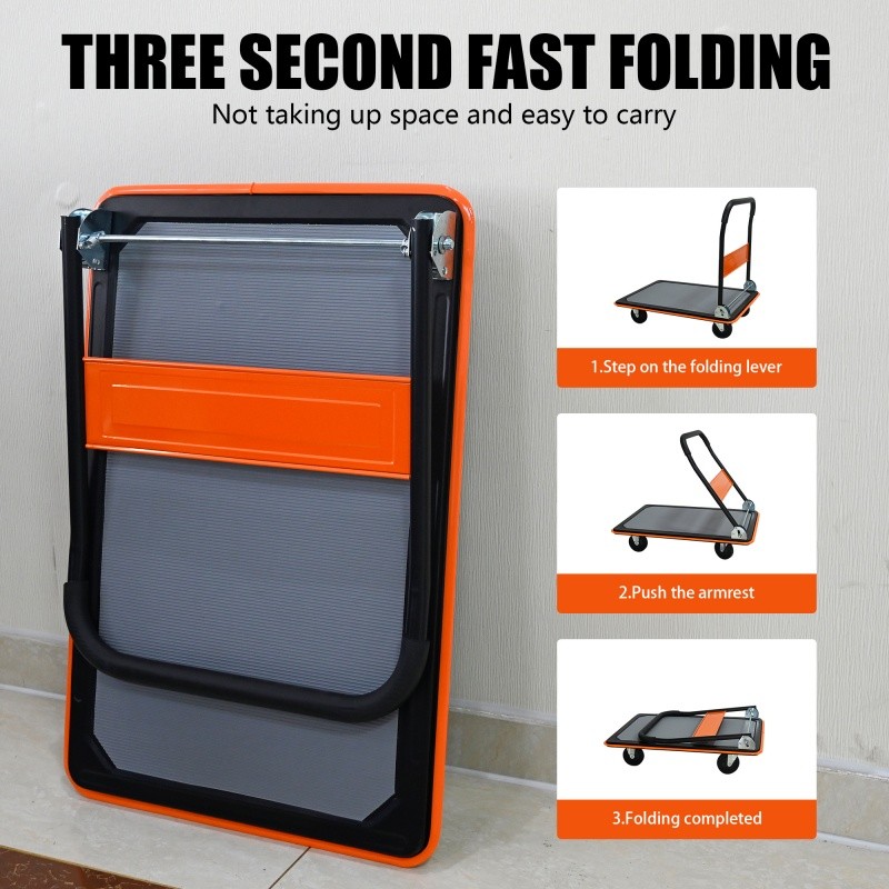 660lbs Flatbed Cart, Orange Foldable Cart Dolly 35.4"X23.6" Platform Hand Truck