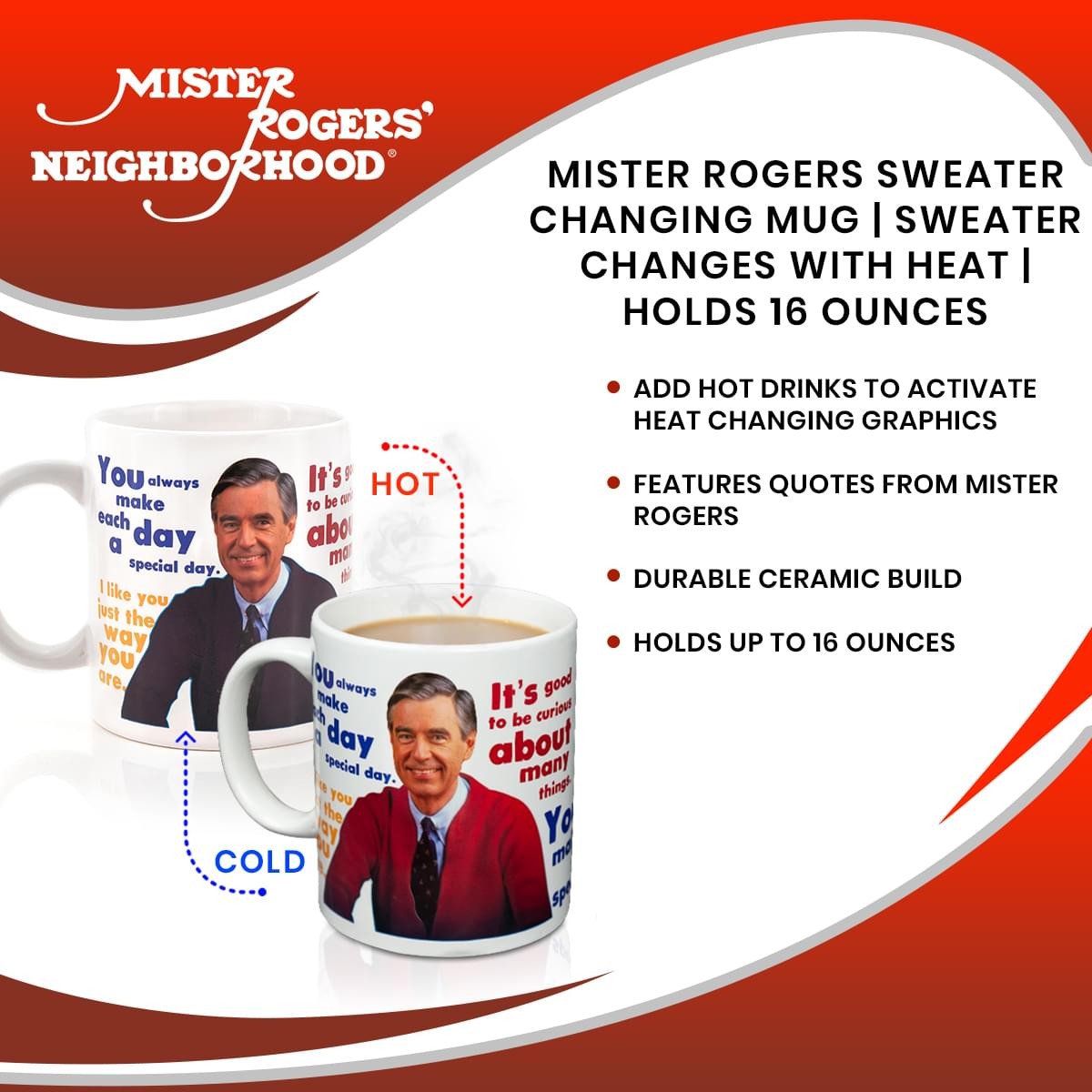 Mister Rogers Sweater Changing Mug | Sweater Changes With Heat | Holds 16 Ounces